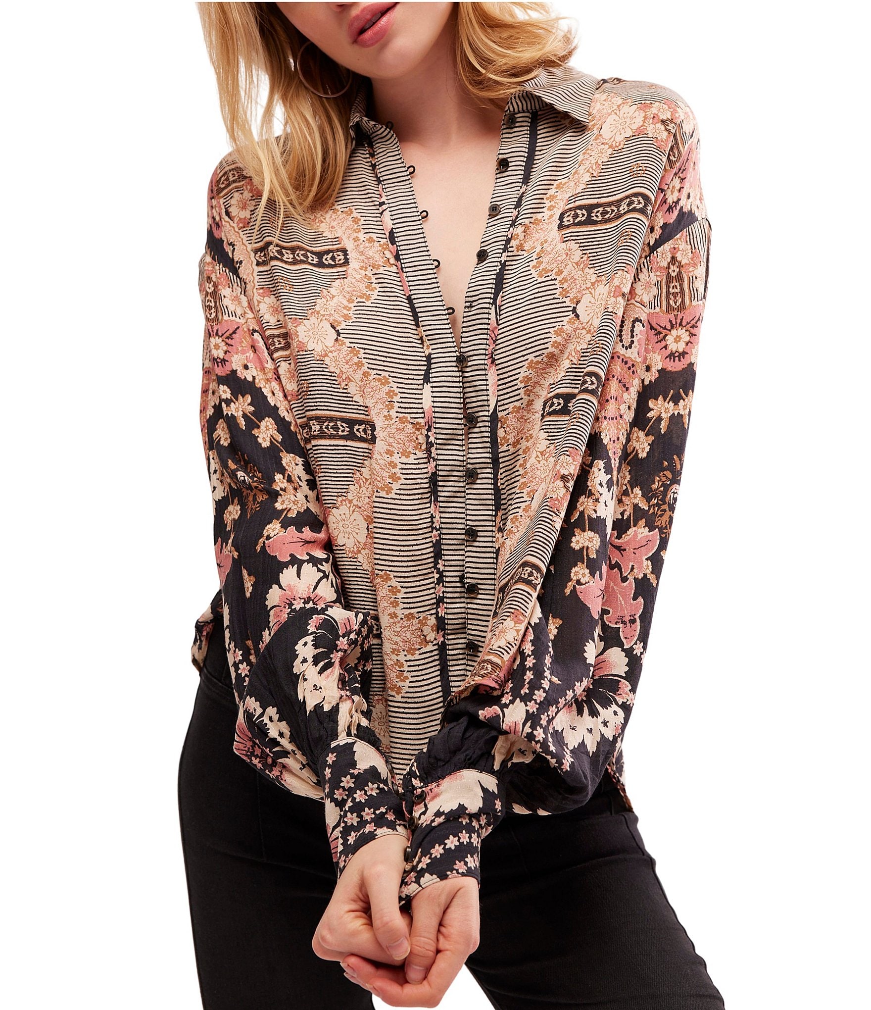 JOHNNY WAS Allbee Embroidered Floral Geometric Print Ruffle Banded Collar  Long Sleeve Button Front Scallop Hem Blouse
