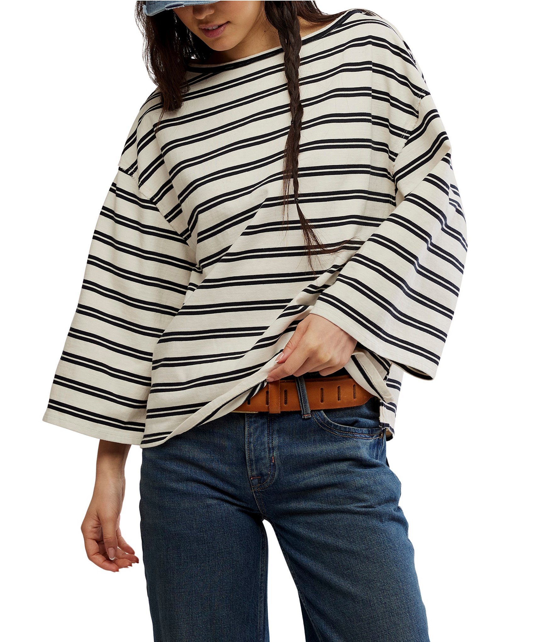 Free People We The Free C'est La Vie Stripe Print Boat Neck 3/4 Wide Sleeve Oversize Boxy Tee