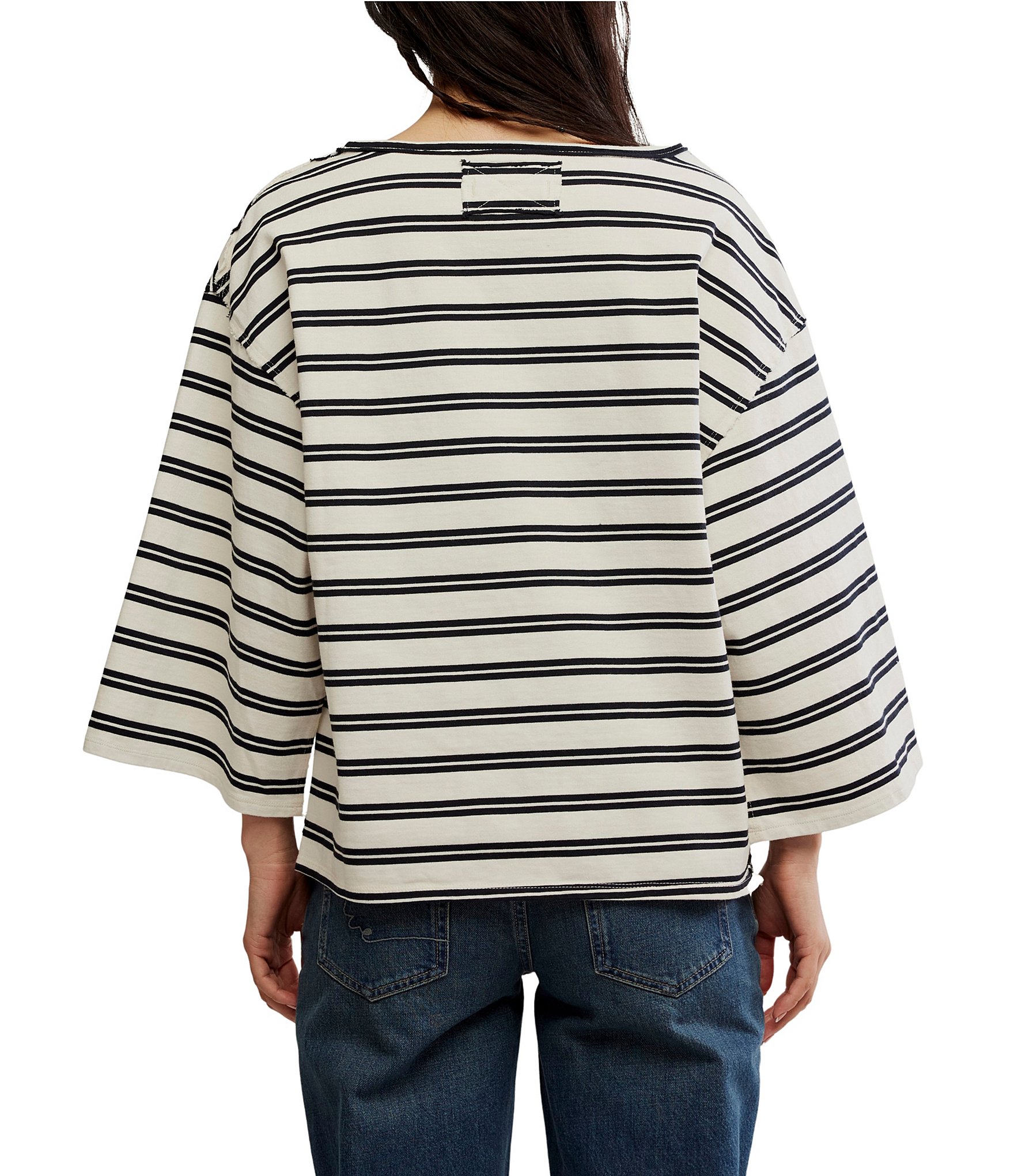 Free People We The Free C'est La Vie Stripe Print Boat Neck 3/4 Wide Sleeve Oversize Boxy Tee