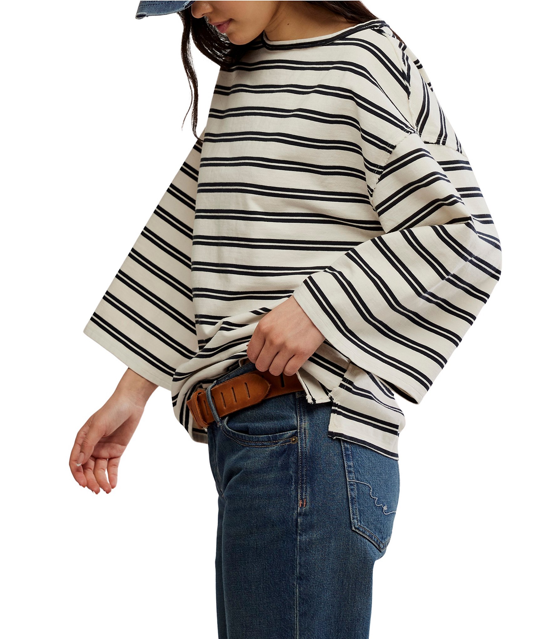 Free People We The Free C'est La Vie Stripe Print Boat Neck 3/4 Wide Sleeve Oversize Boxy Tee