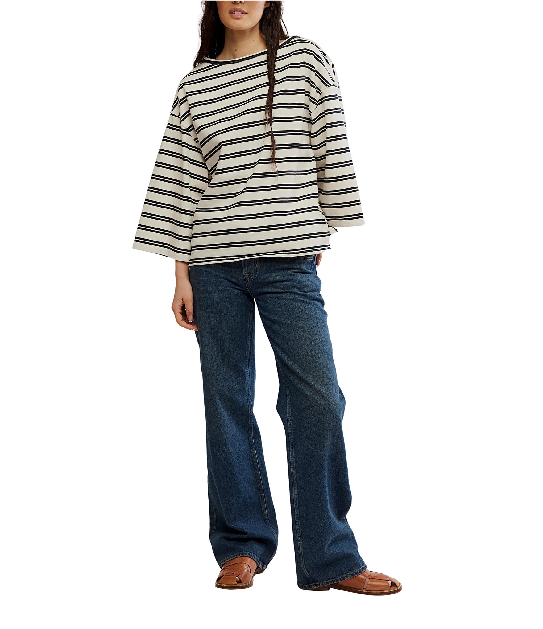 Free People We The Free C'est La Vie Stripe Print Boat Neck 3/4 Wide Sleeve Oversize Boxy Tee