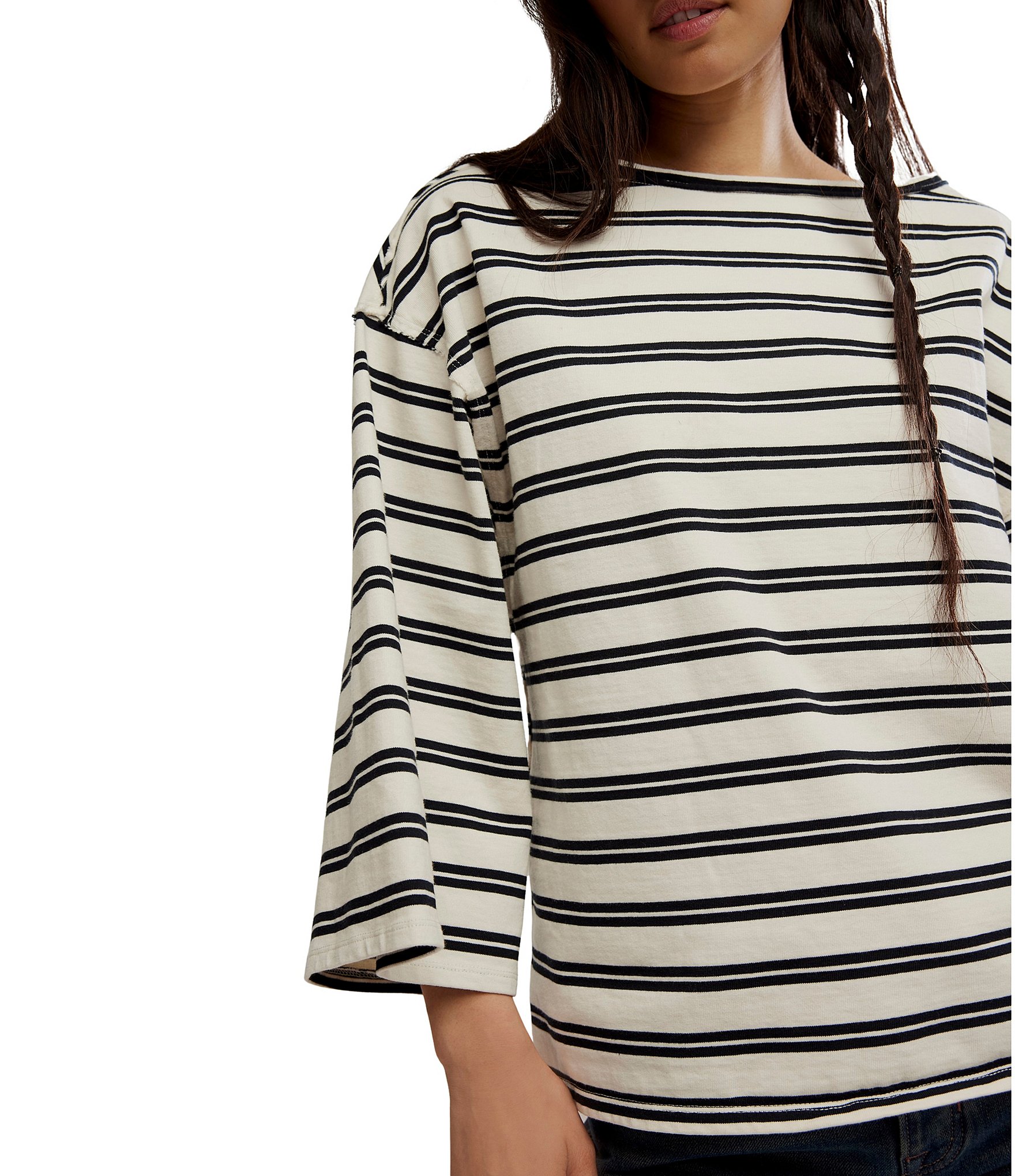 Free People We The Free C'est La Vie Stripe Print Boat Neck 3/4 Wide Sleeve Oversize Boxy Tee