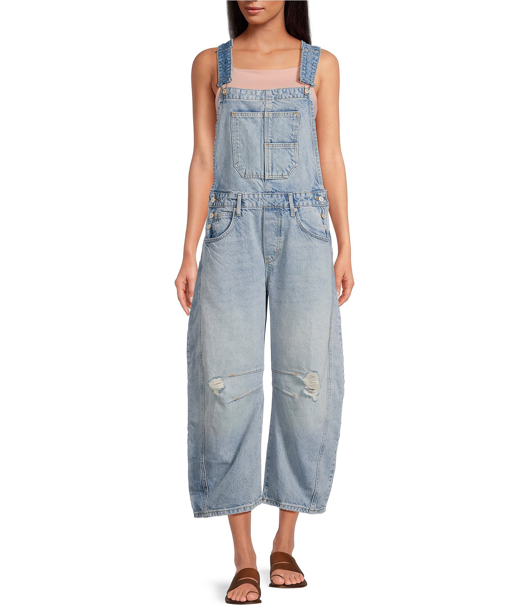 Free People We The Free Good Luck Denim Square Neck Barrel Leg Overalls