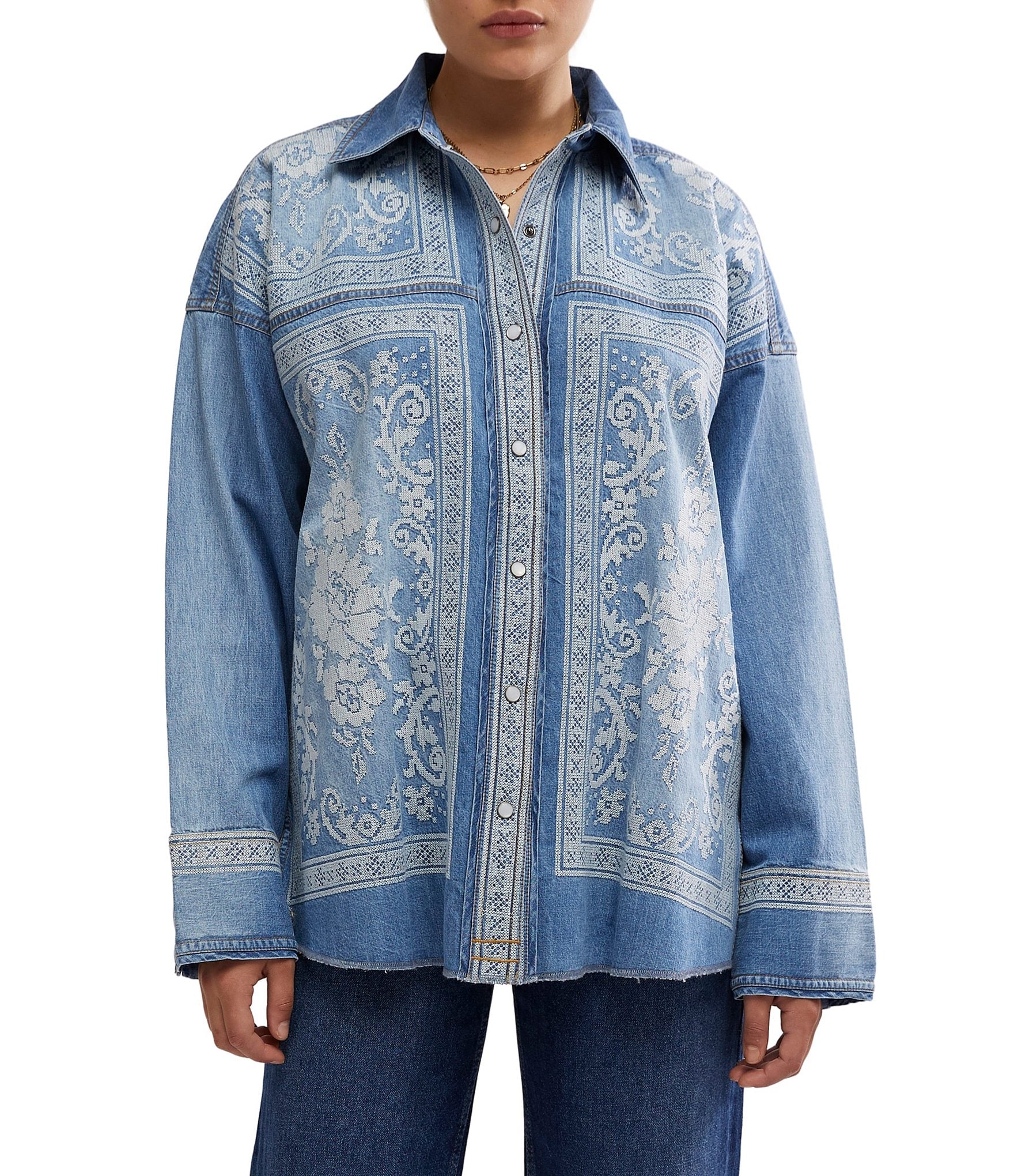 Free People We The Free Lace Embroidered Denim Point Collar Neck Long Sleeve Button Front Top