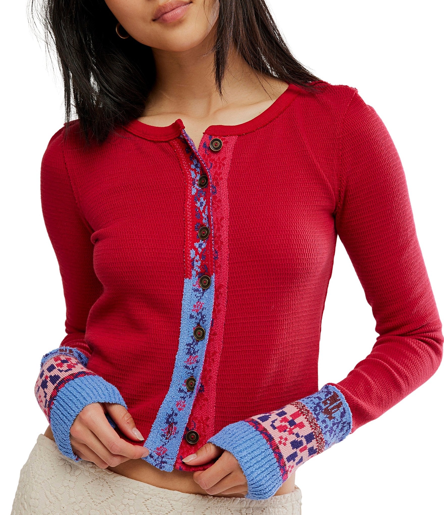 Free People We The Free Noa Embroidered Trim Solid Crew Neck Long Sleeve Cardi Top