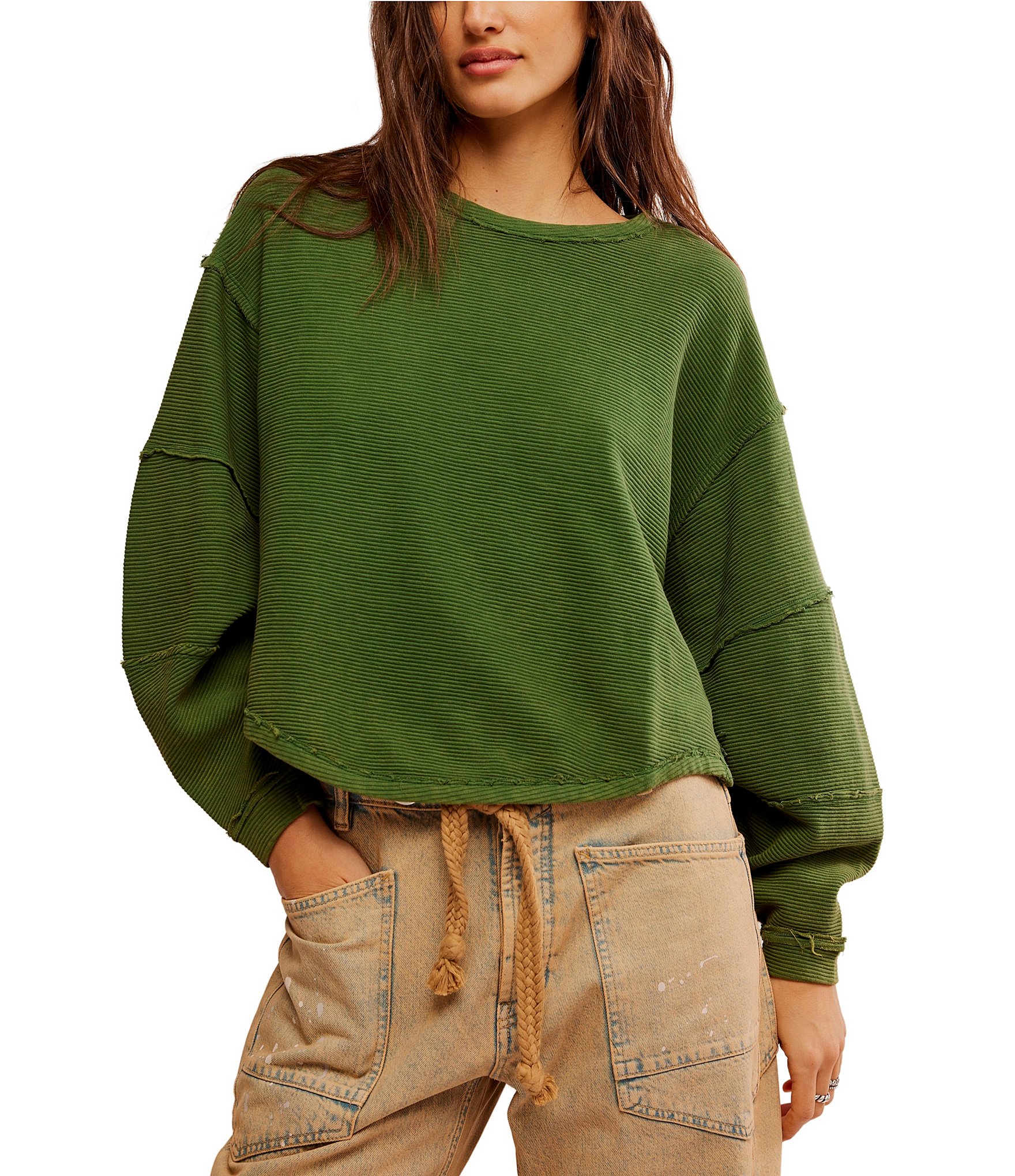 Free People Green Spotted Collared Long Sleeve Crop - Size XS NWT New good w/ Tags A