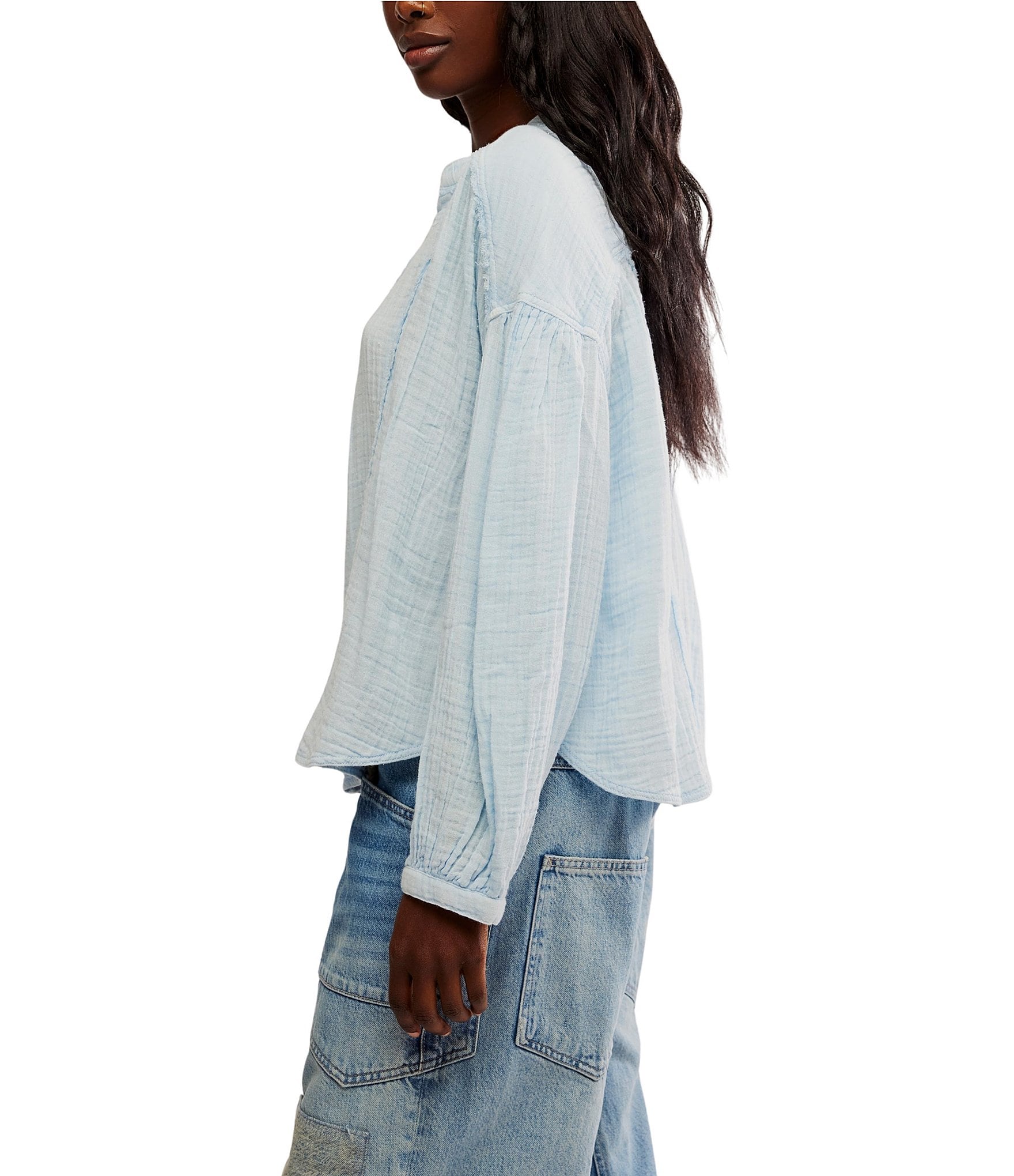 Free People We The Free Valley Double Cloth Banded V-Neck Long Sleeve Button Front Shirt