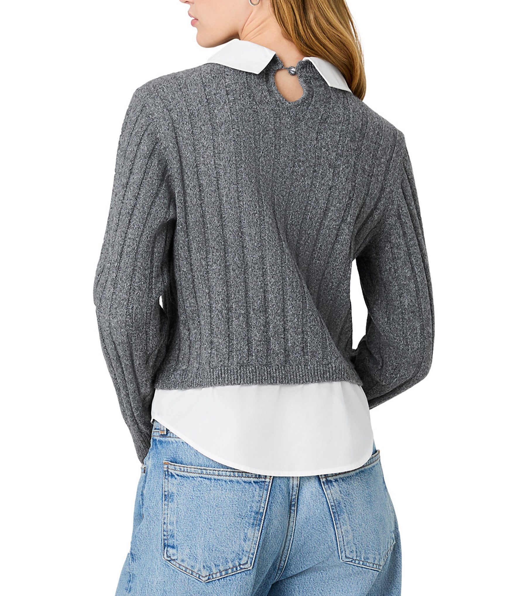 French Connection Aleyna Knit Combo Collared Long Sleeve Pullover Knit Top