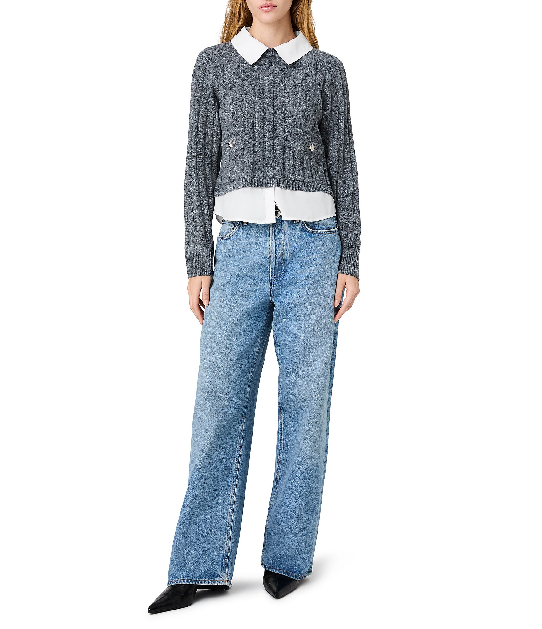 French Connection Aleyna Knit Combo Collared Long Sleeve Pullover Knit Top