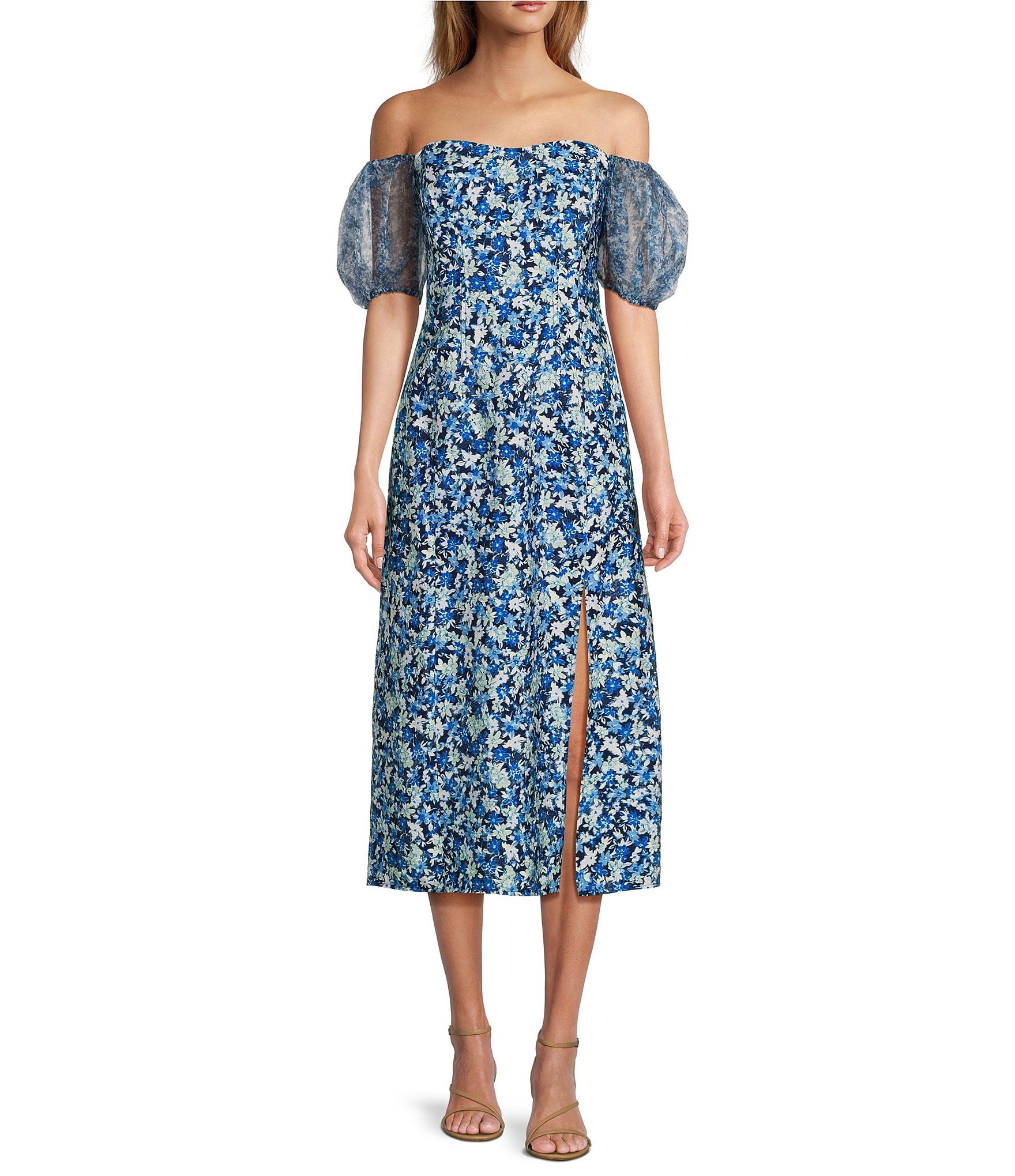 French Connection Clara Off the Shoulder Puff Sleeve Floral Midi Dress Dillard s