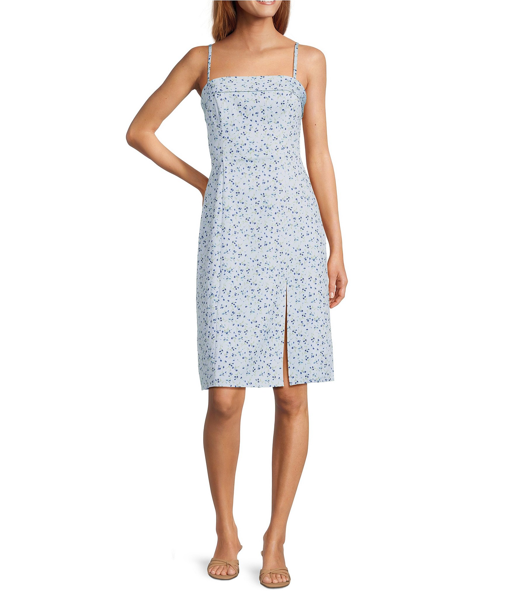 French Connection Echo Floral Print Straight Neck Sleeveless Crepe Dress
