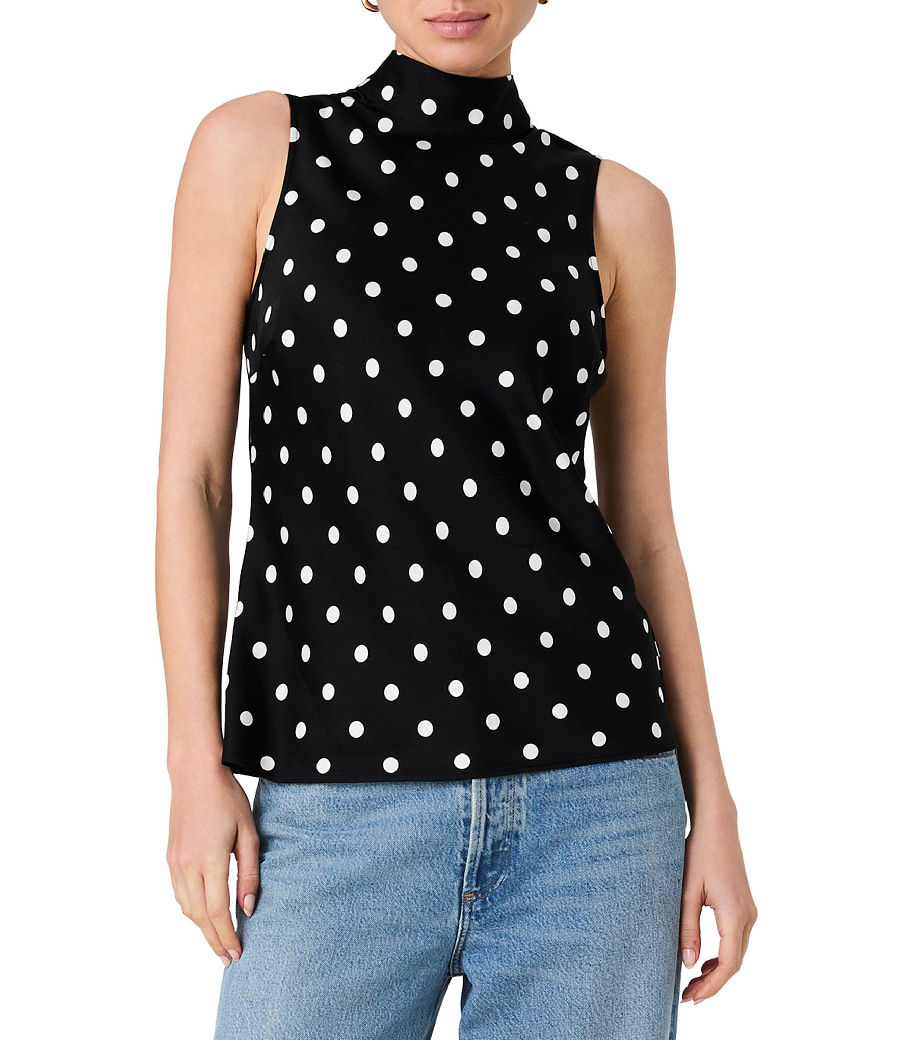 French Connection Ennis Satin Polka Dot Mock-Tie Neck Sleeveless Bow Top