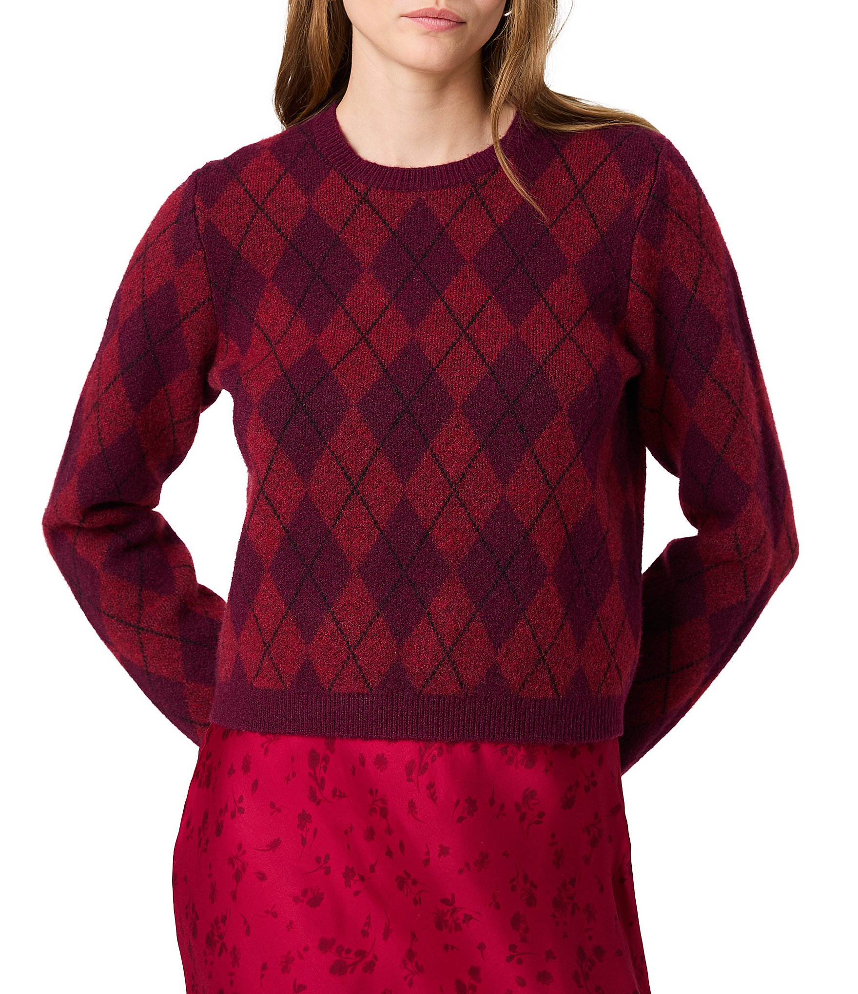 French Connection Koda Knit Argyle Jacquard Crew Neck Pullover Sweater