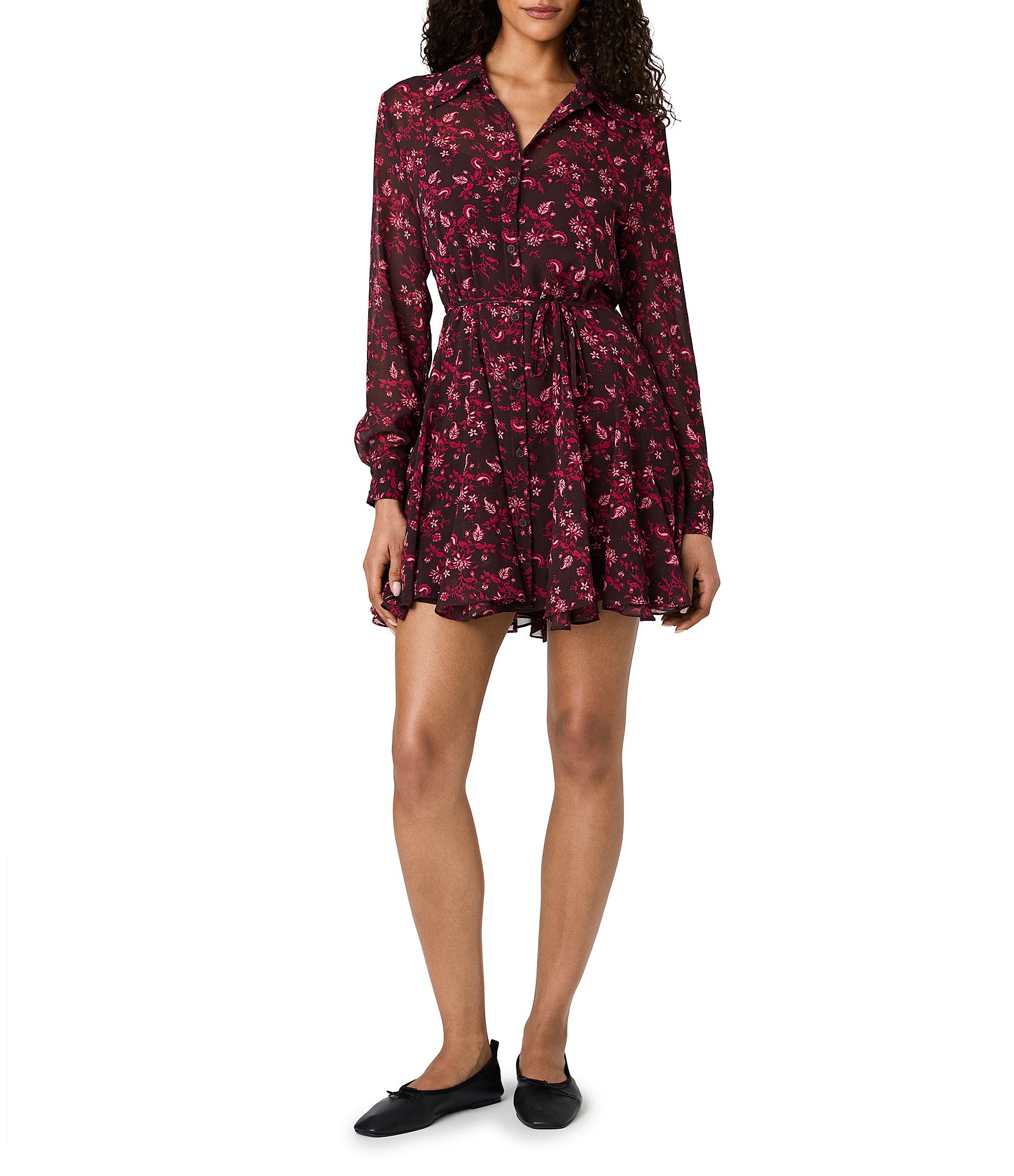French Connection Marina Silky Chiffon Aurora Fleur Collared Long Sleeve Tie Mini Dress