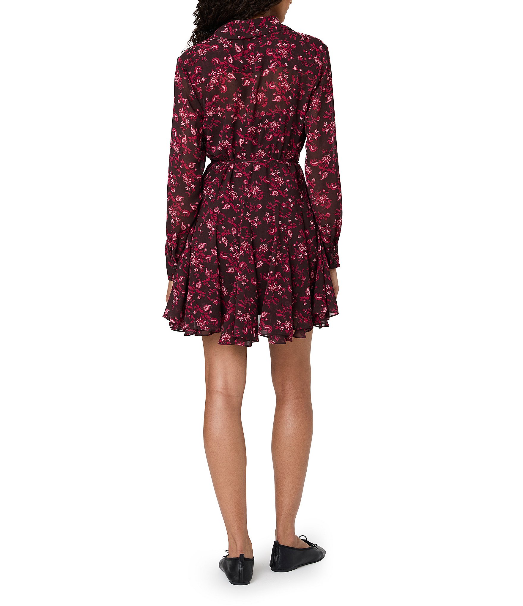 French Connection Marina Silky Chiffon Aurora Fleur Collared Long Sleeve Tie Mini Dress