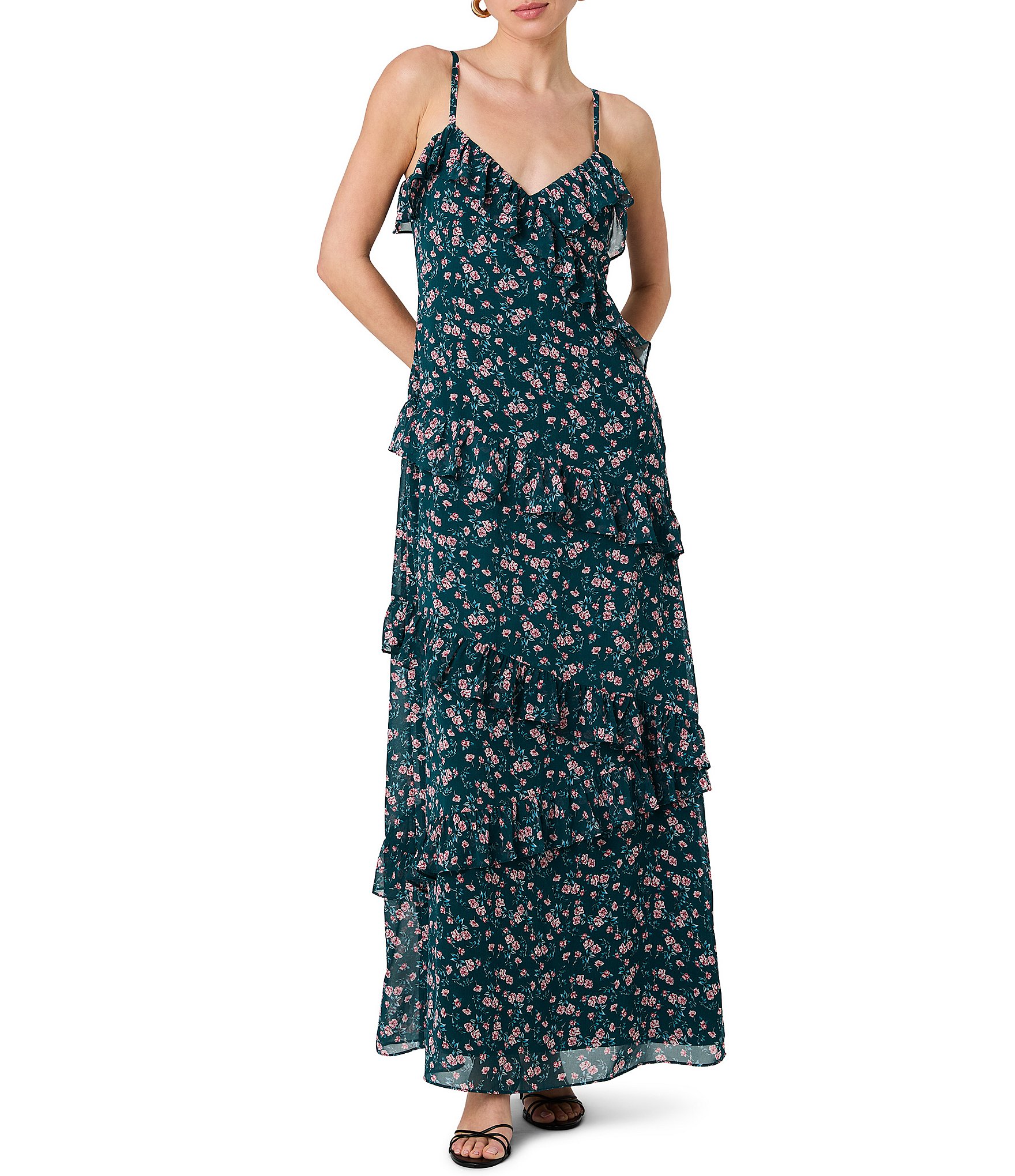 French Connection Marina Silky Chiffon Lucia Fleur Print Ruffle V-Neck Sleeveless Maxi Dress