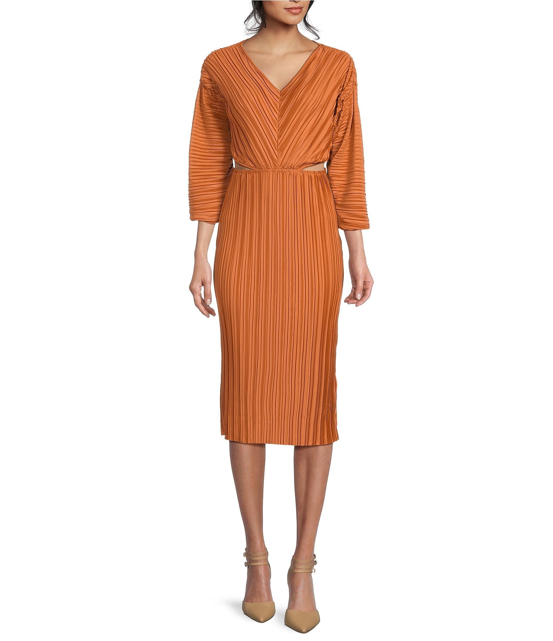 French Connection Regi Pleated V-Neck 3/4 Sleeve Cut-Out Dress | Dillard's