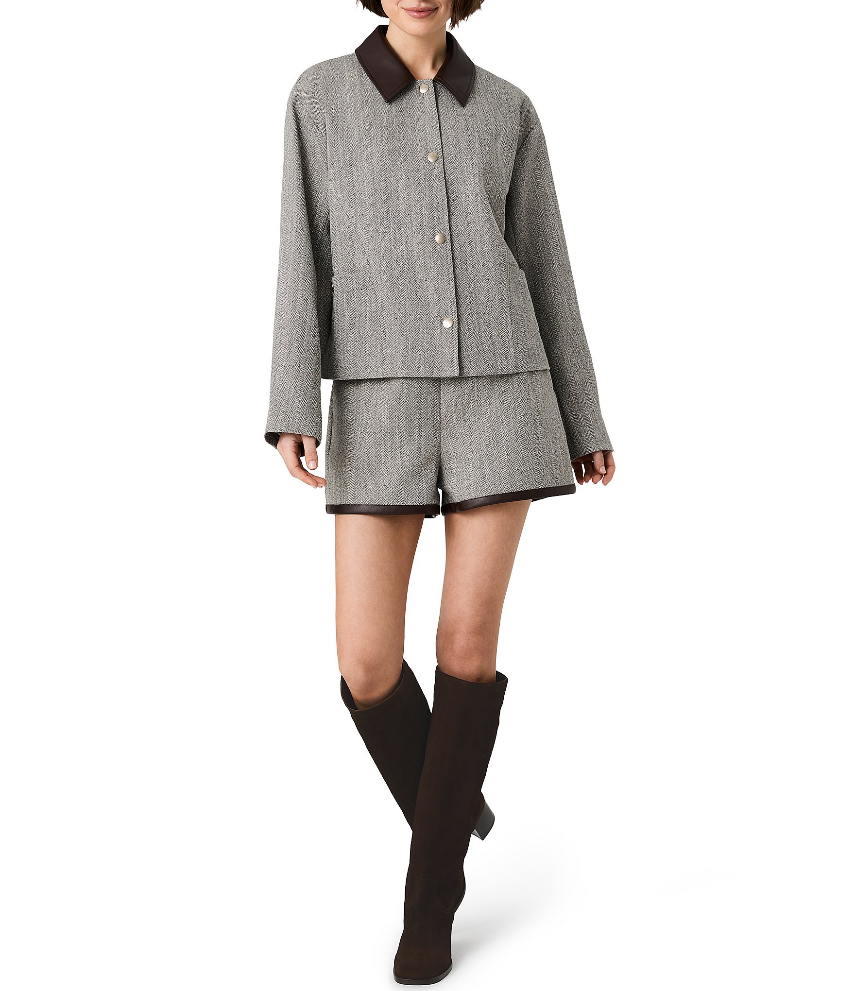 French Connection Speckled Herringbone Suiting Collared Long Sleeve Cropped Jacket