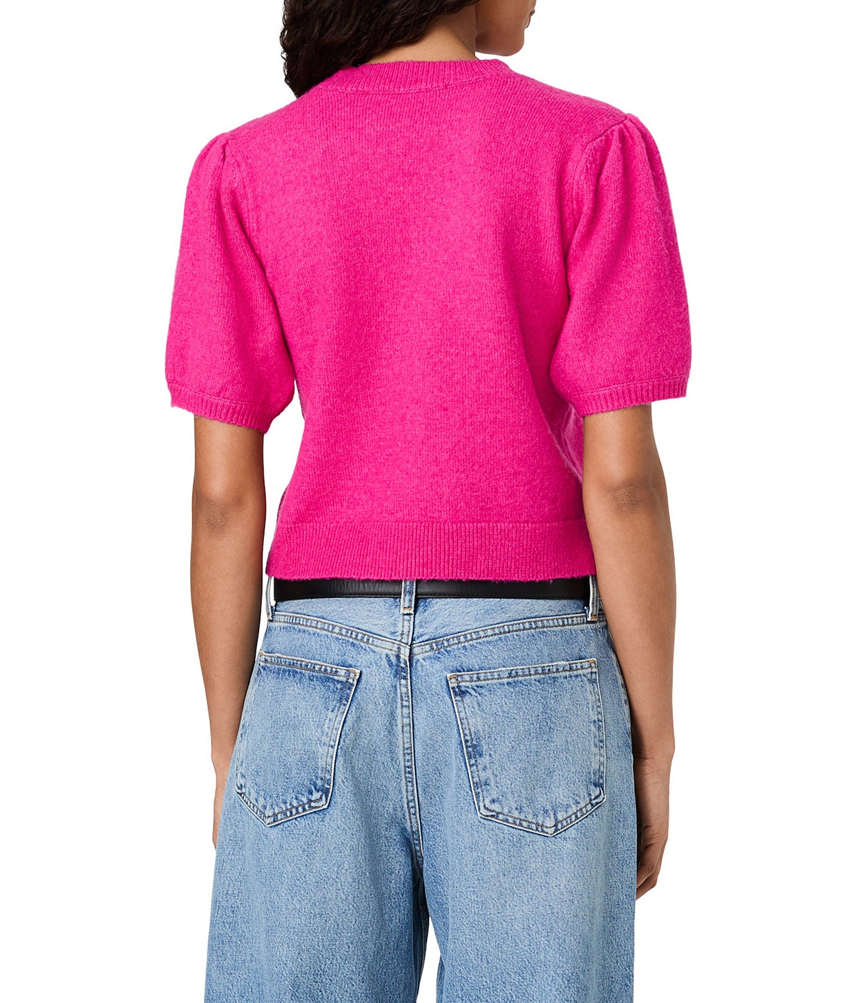 French Connection Yulia Knit Round Neck Short Puff Sleeve Top