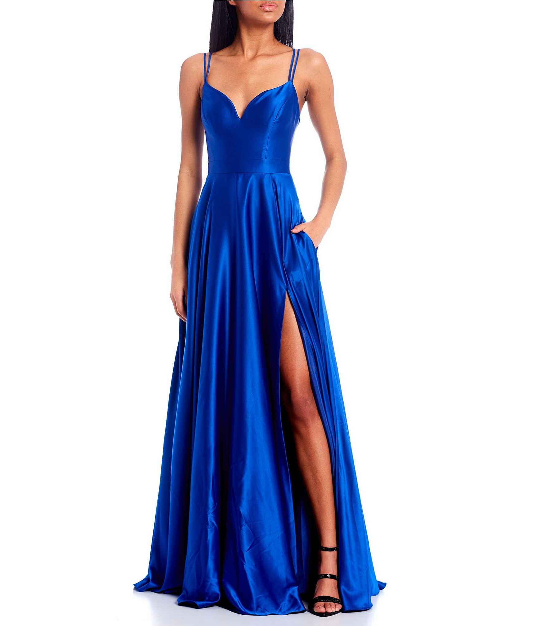 B. Darlin Front Slit Ball Strappy Back Satin Gown | Dillard's