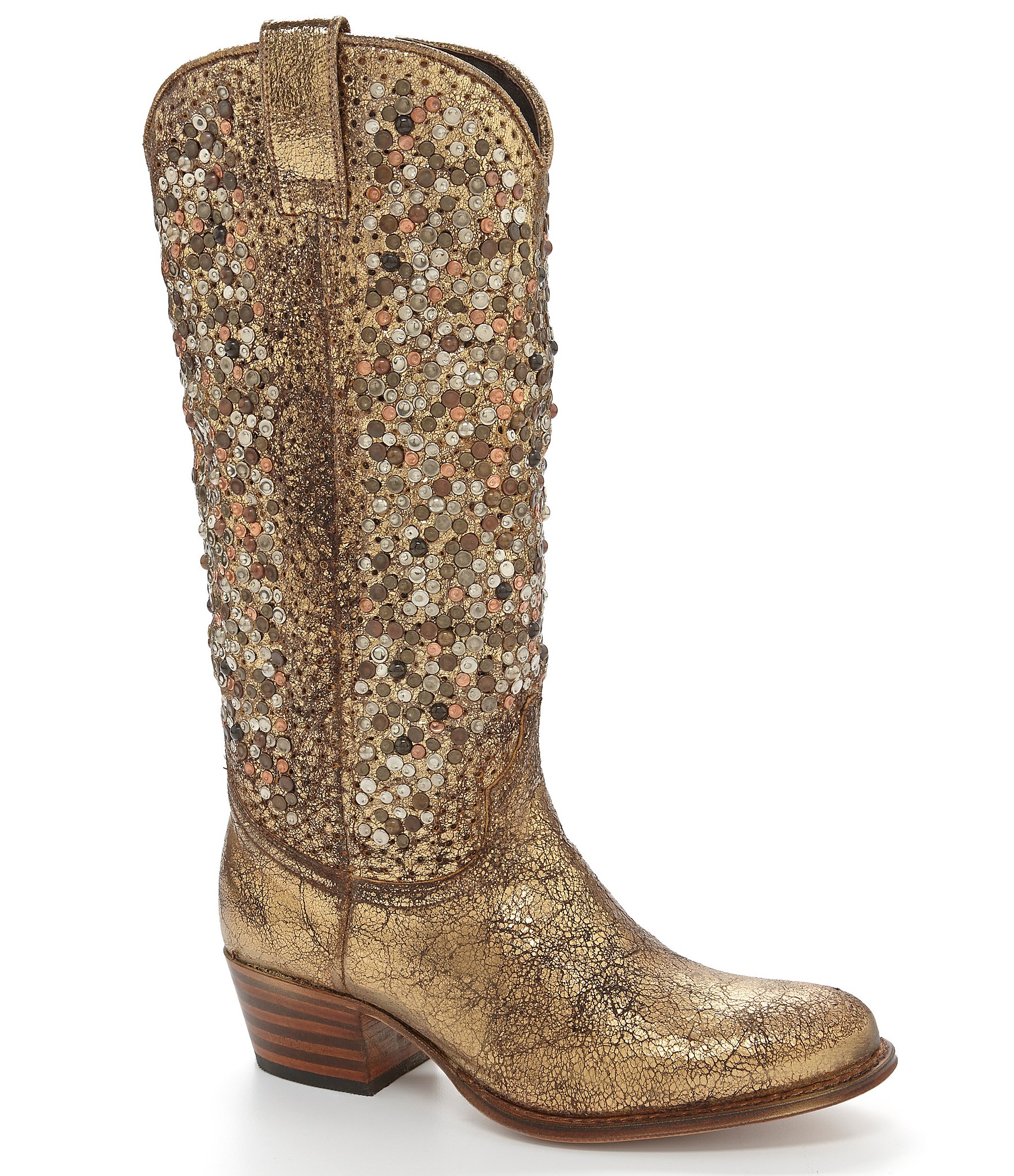 Frye Deborah Metallic Bead and Stud Tall Block Heel Boots Dillards