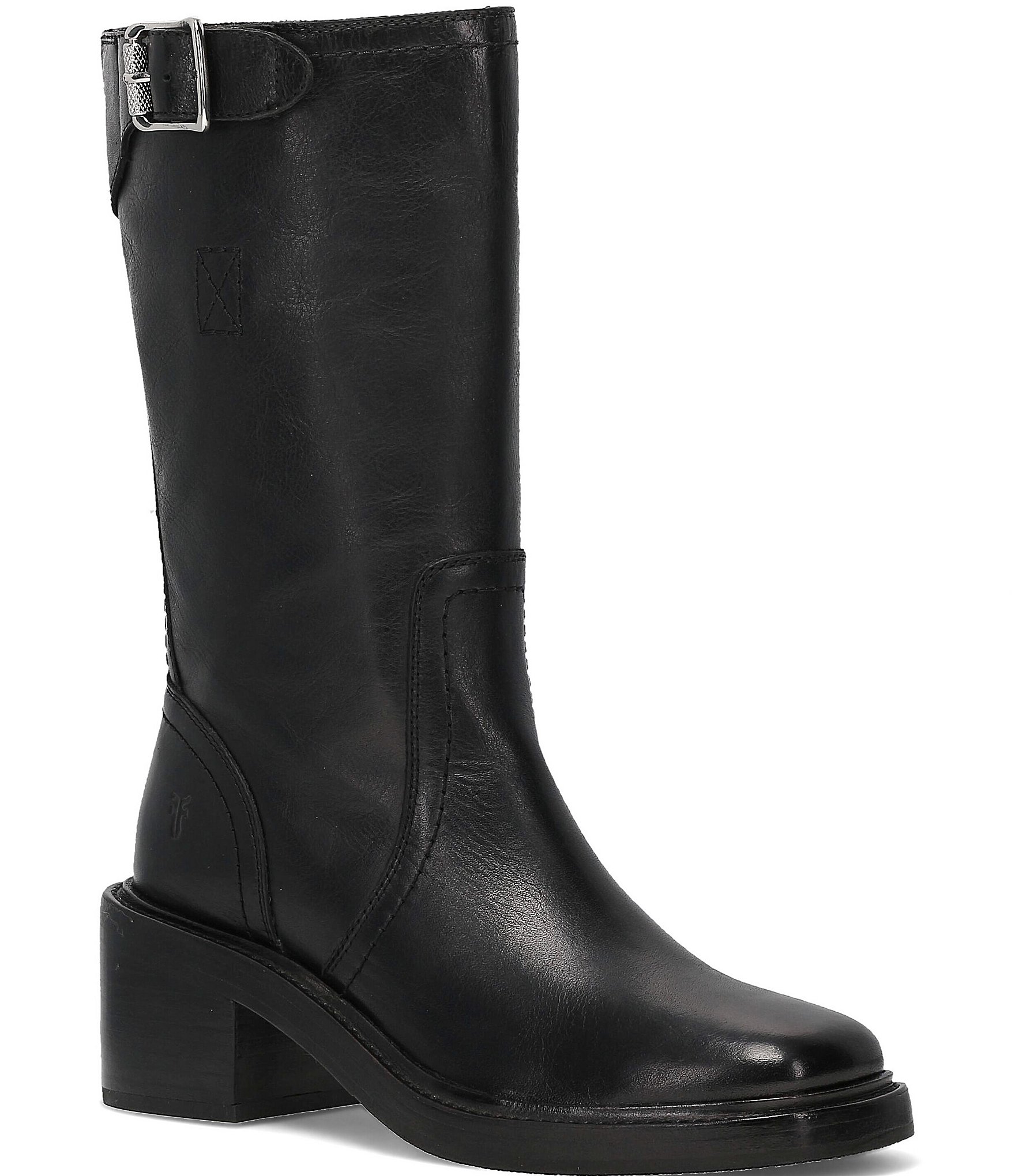 Frye Kate Moto Mid Calf Leather Block Heel Boots