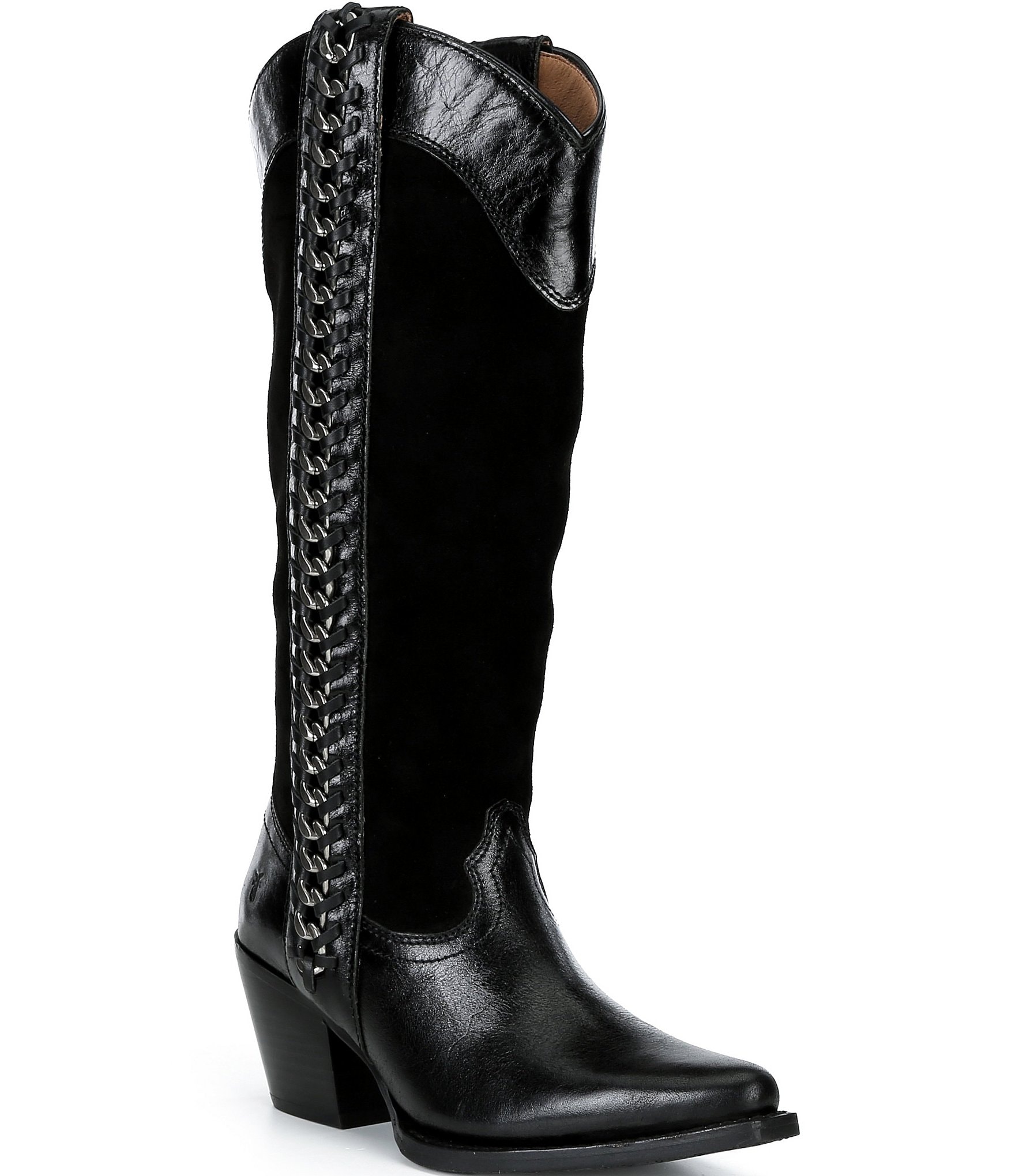 Frye Laila Suede Leather Tall Western Chain Block Heel Boots