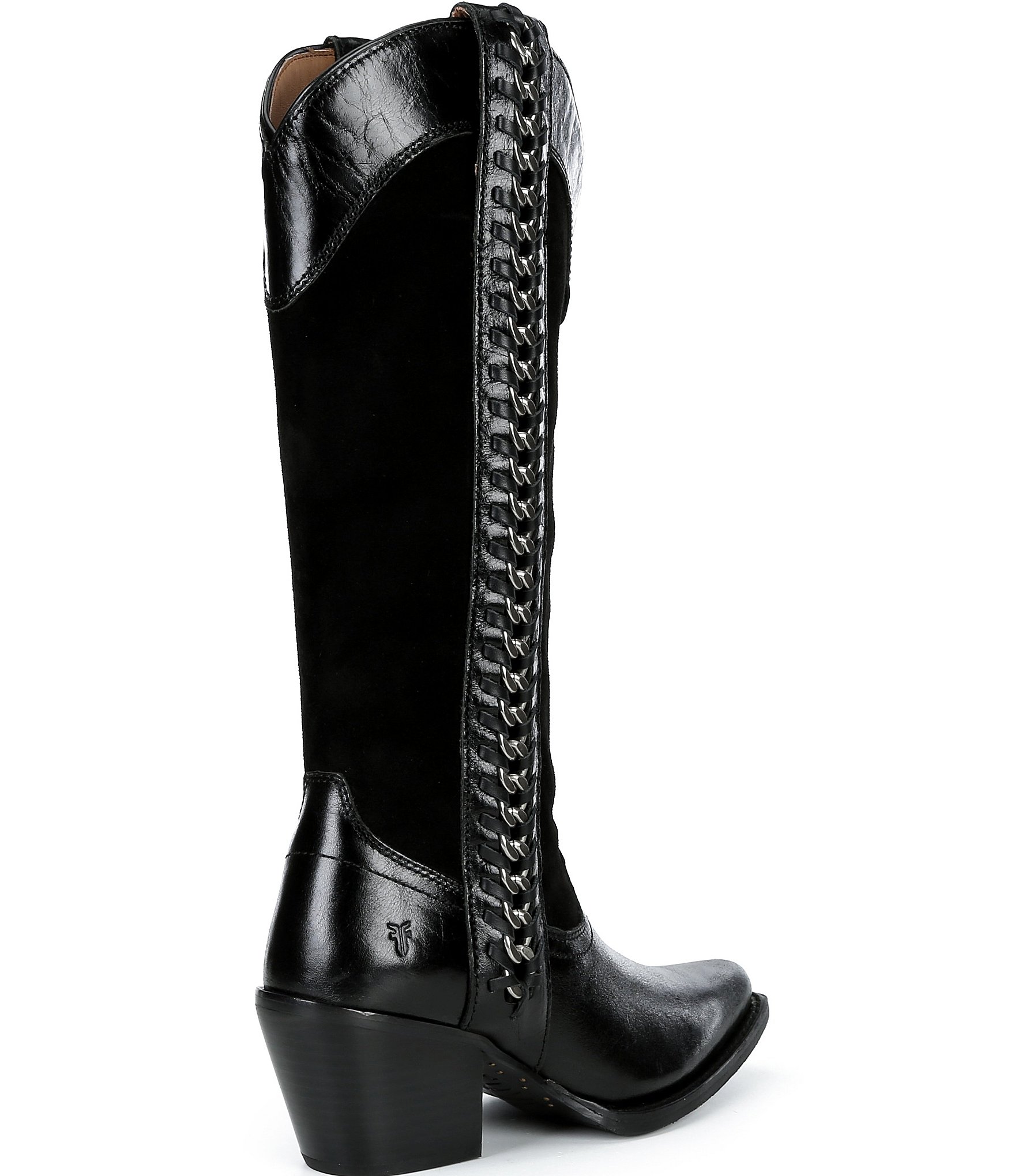 Frye Laila Suede Leather Tall Western Chain Block Heel Boots