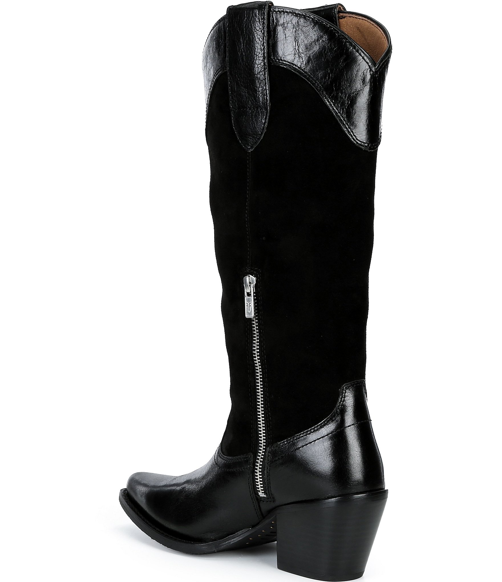 Frye Laila Suede Leather Tall Western Chain Block Heel Boots