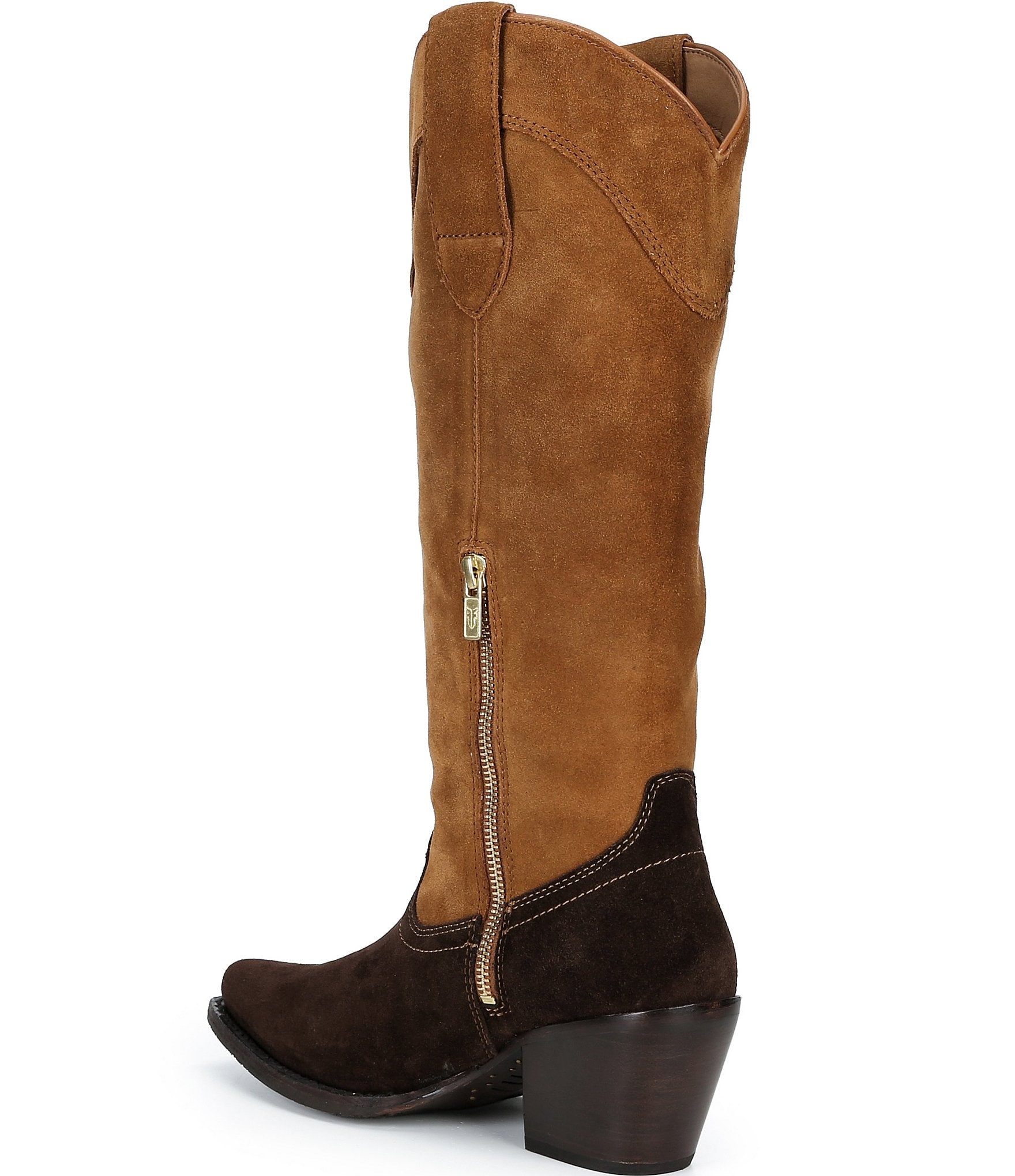 Frye Laila Suede Tall Western Chain Block Heel Boots