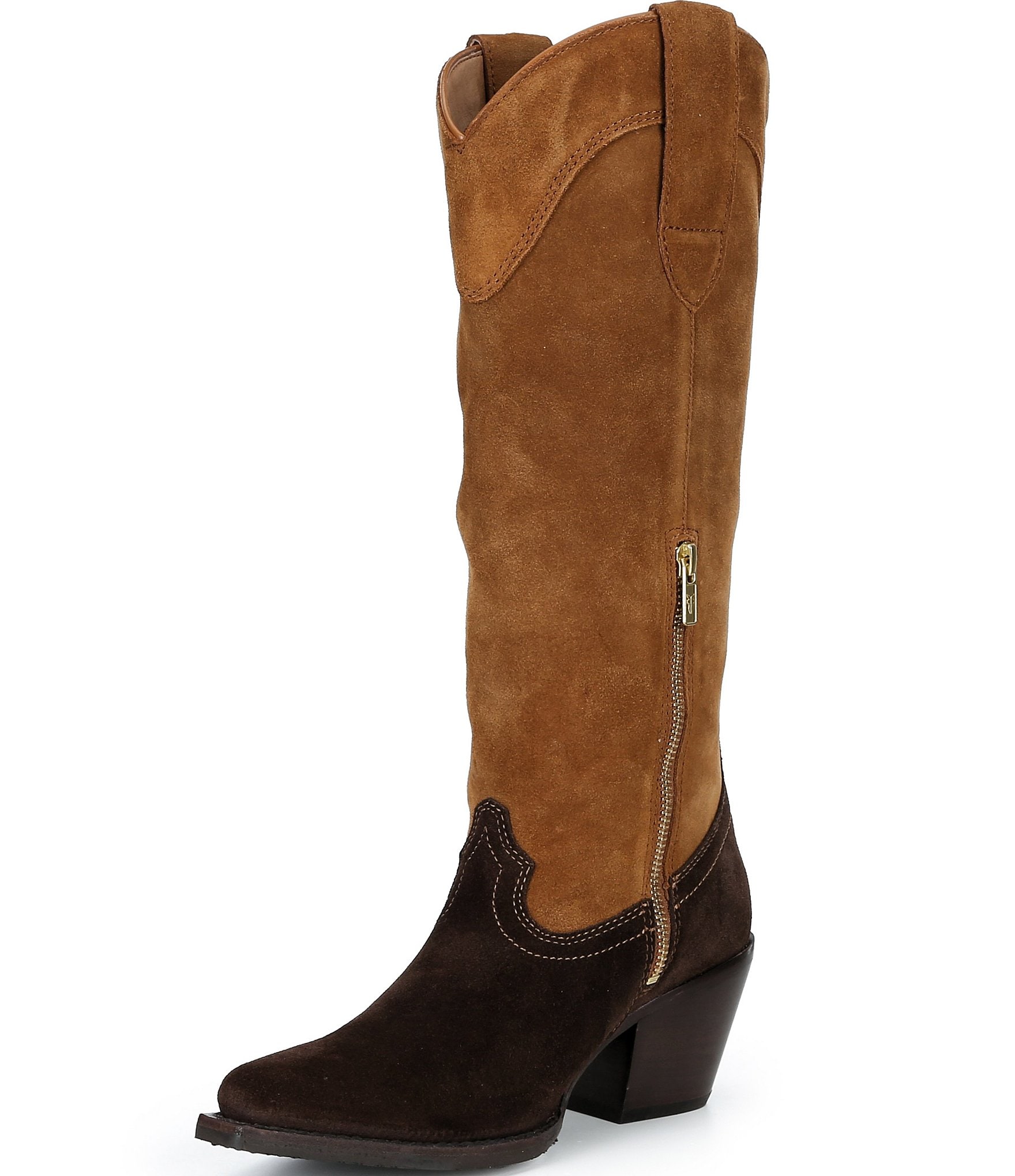 Frye Laila Suede Tall Western Chain Block Heel Boots
