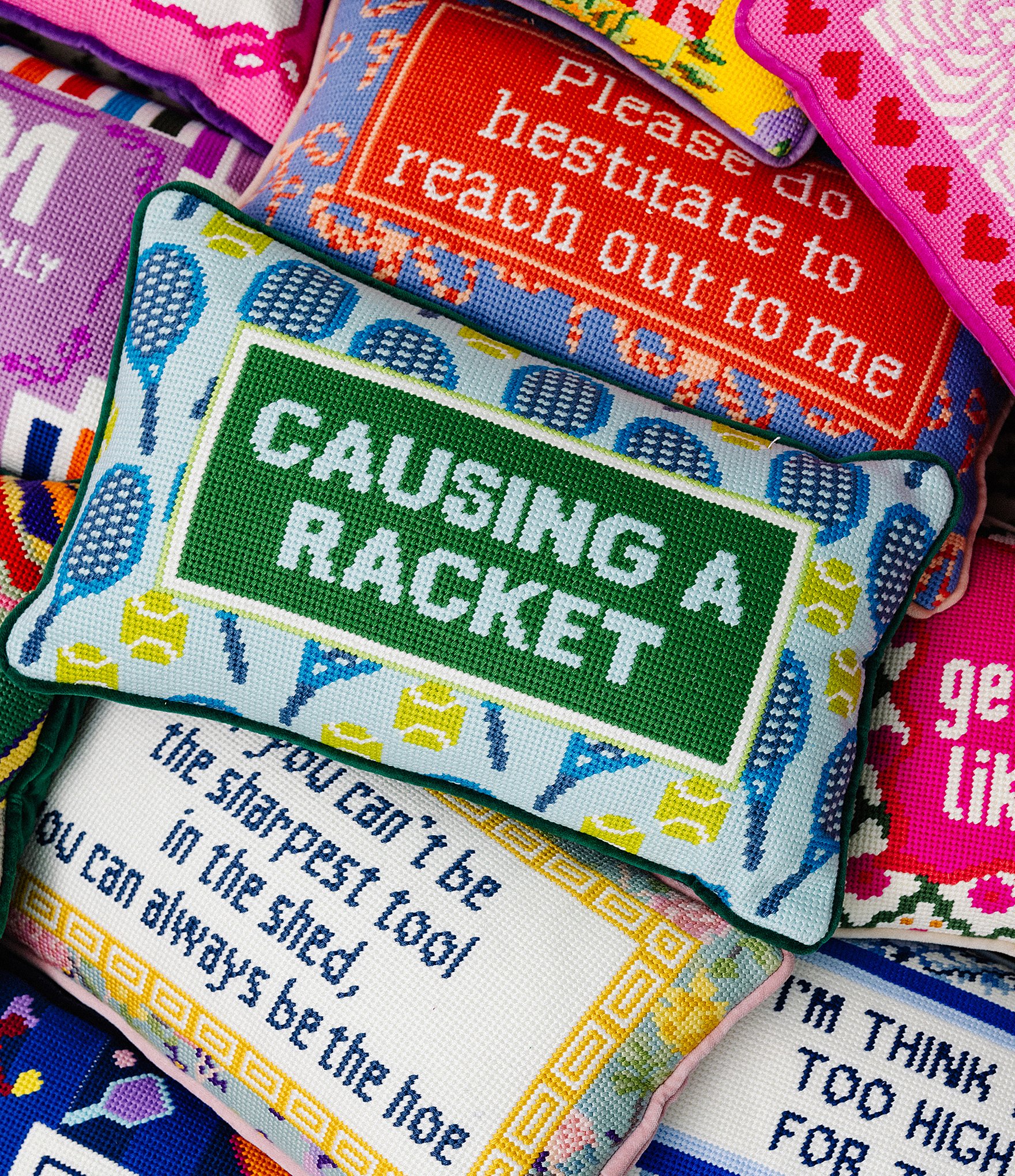 Furbish Causing A Racket Needlepoint Pillow