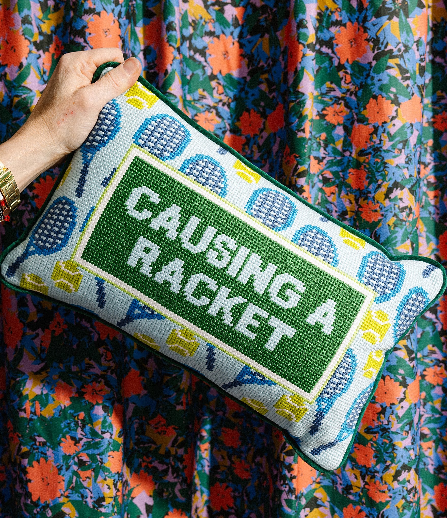 Furbish Causing A Racket Needlepoint Pillow