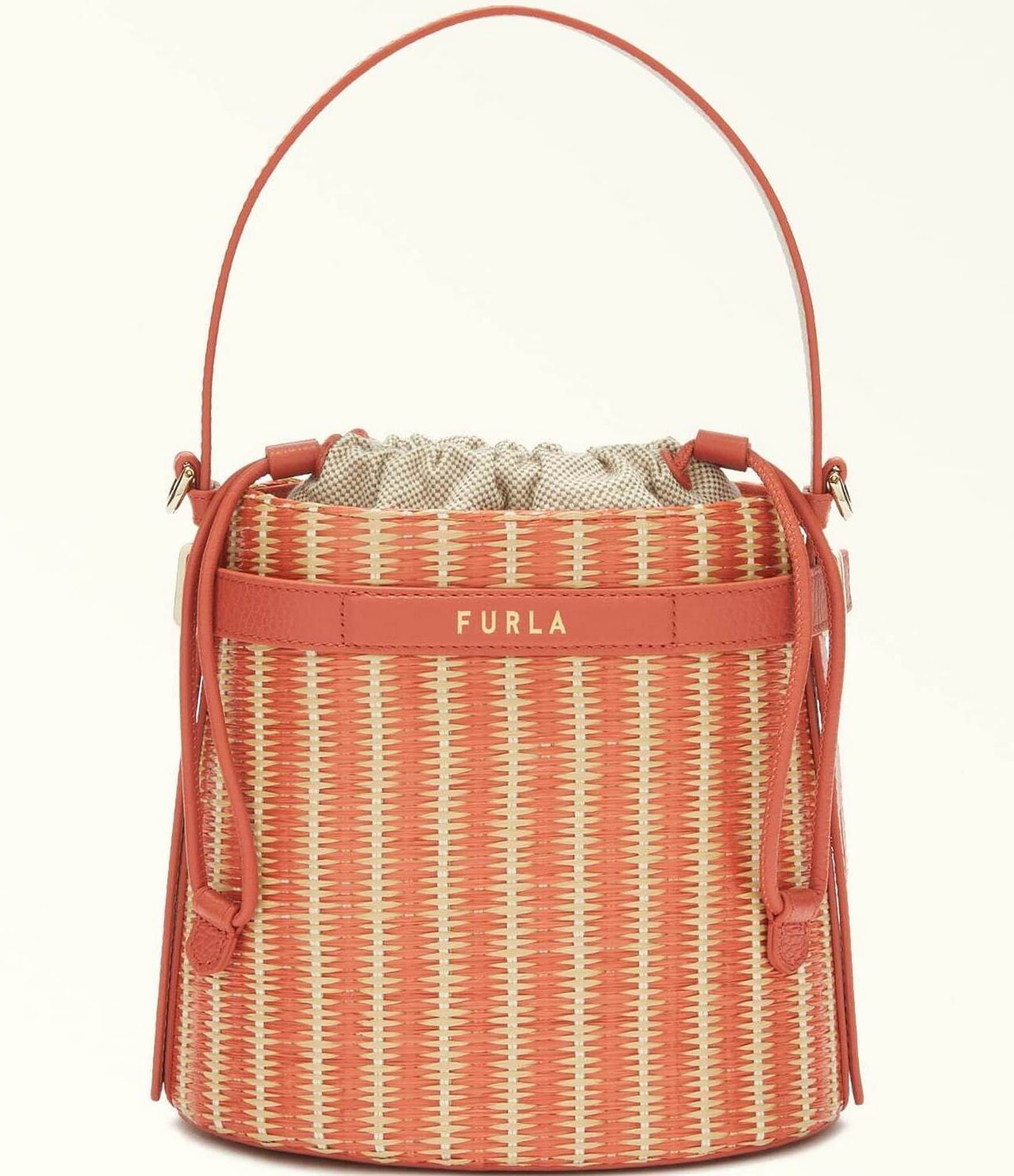 Furla Giove Mini Leather Straw Bucket Bag