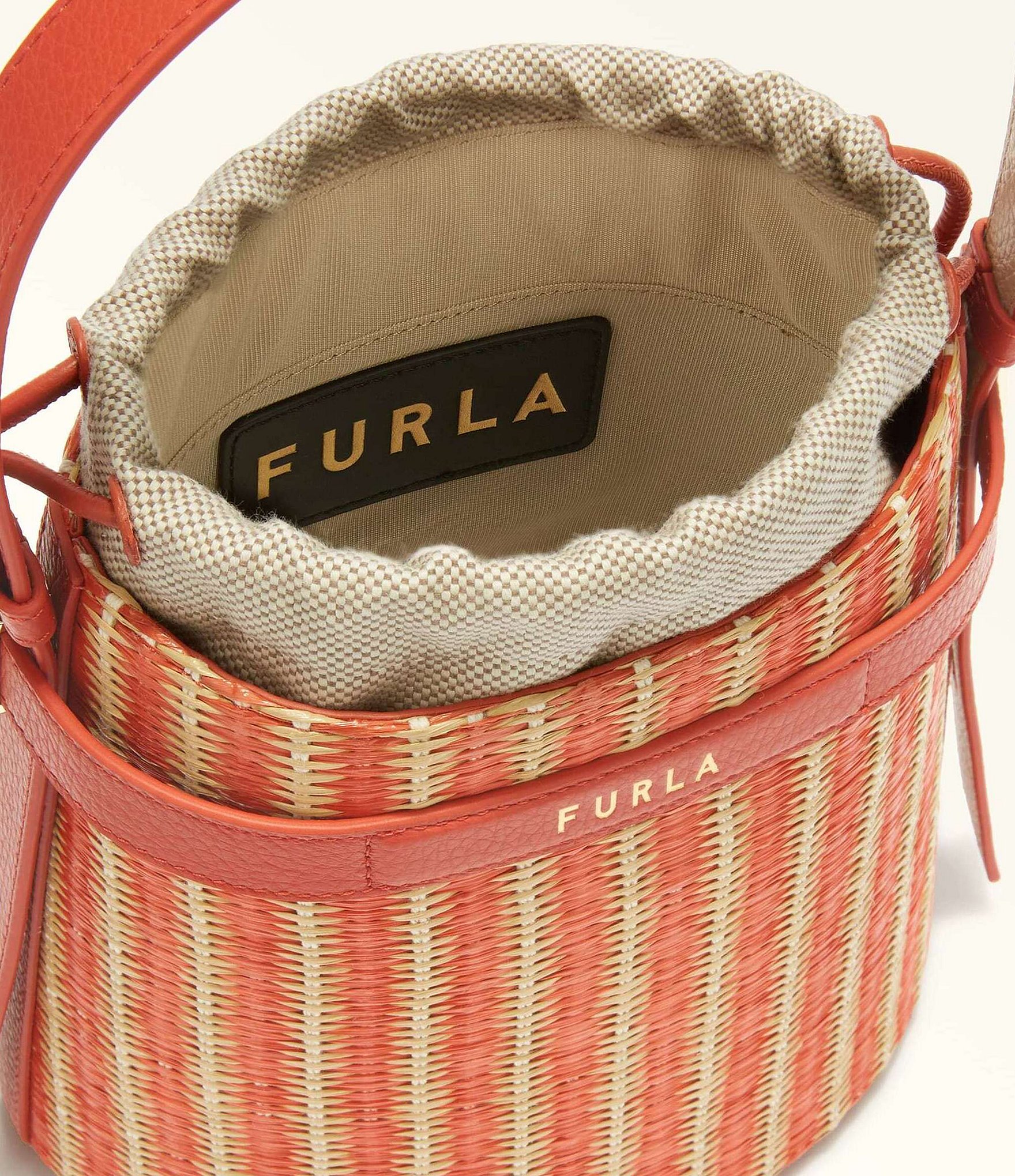 Furla Giove Mini Leather Straw Bucket Bag