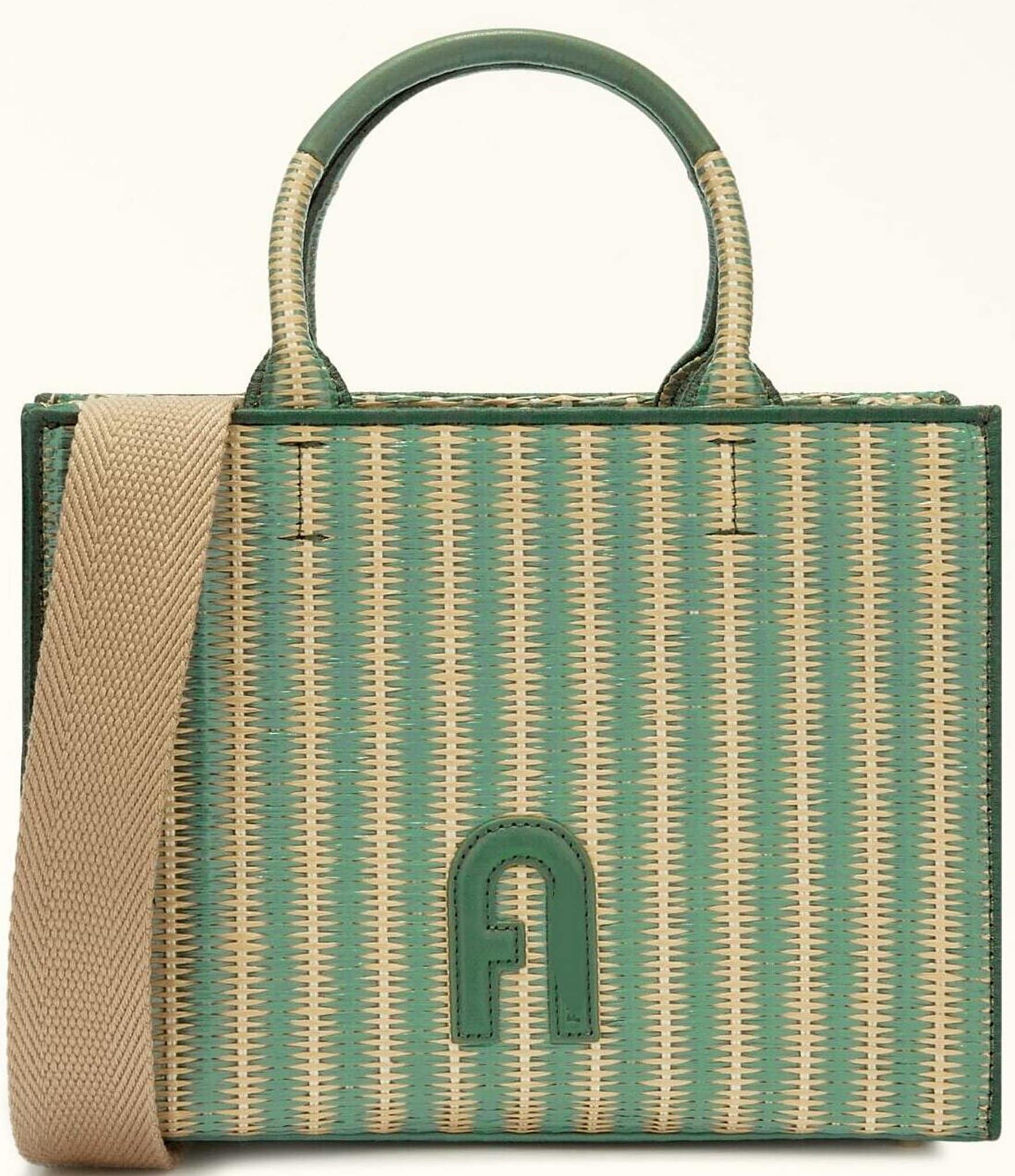 Furla Small Striped Rafia Leather Straw Opportunity Tote Bag