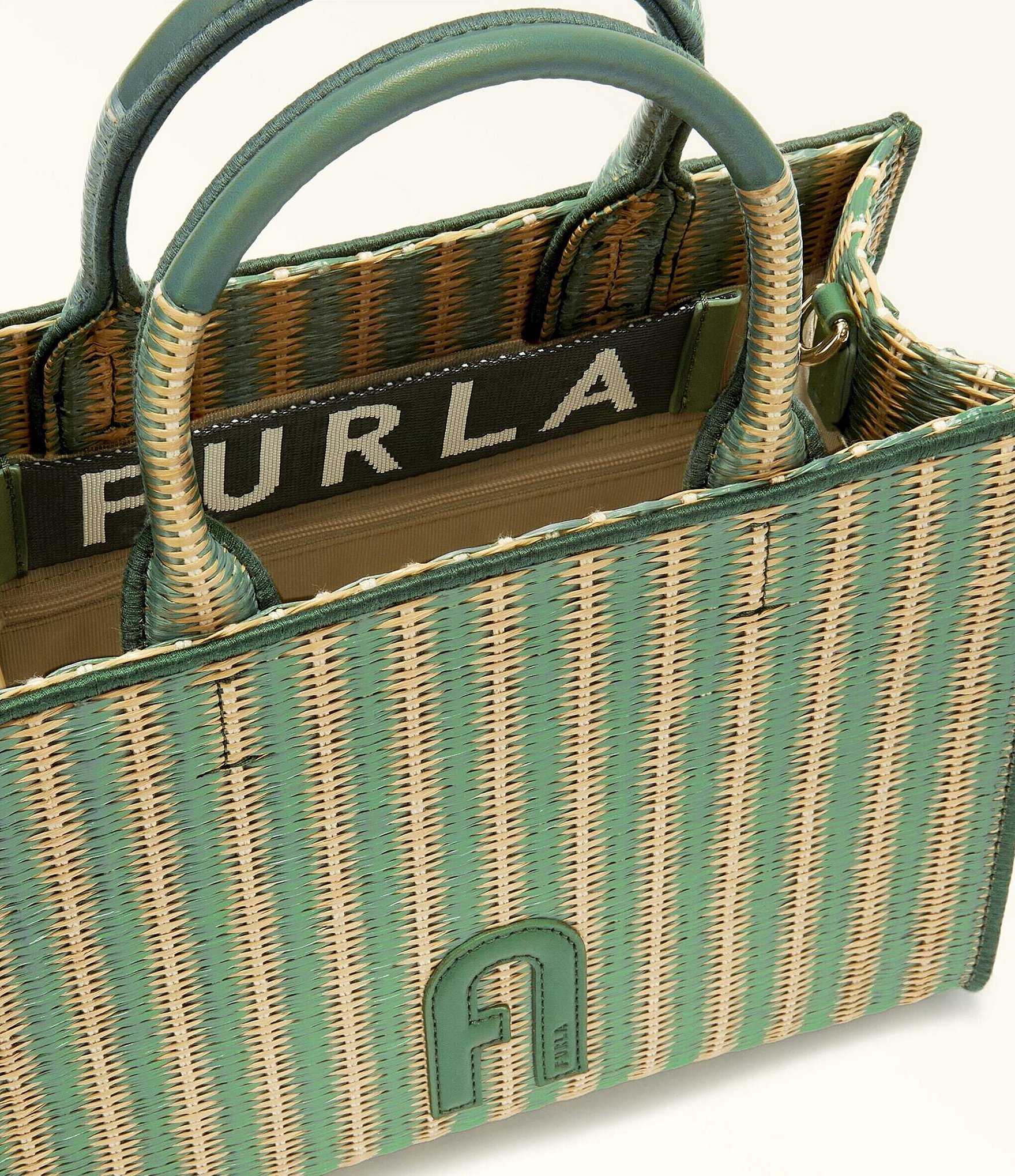 Furla Small Striped Rafia Leather Straw Opportunity Tote Bag