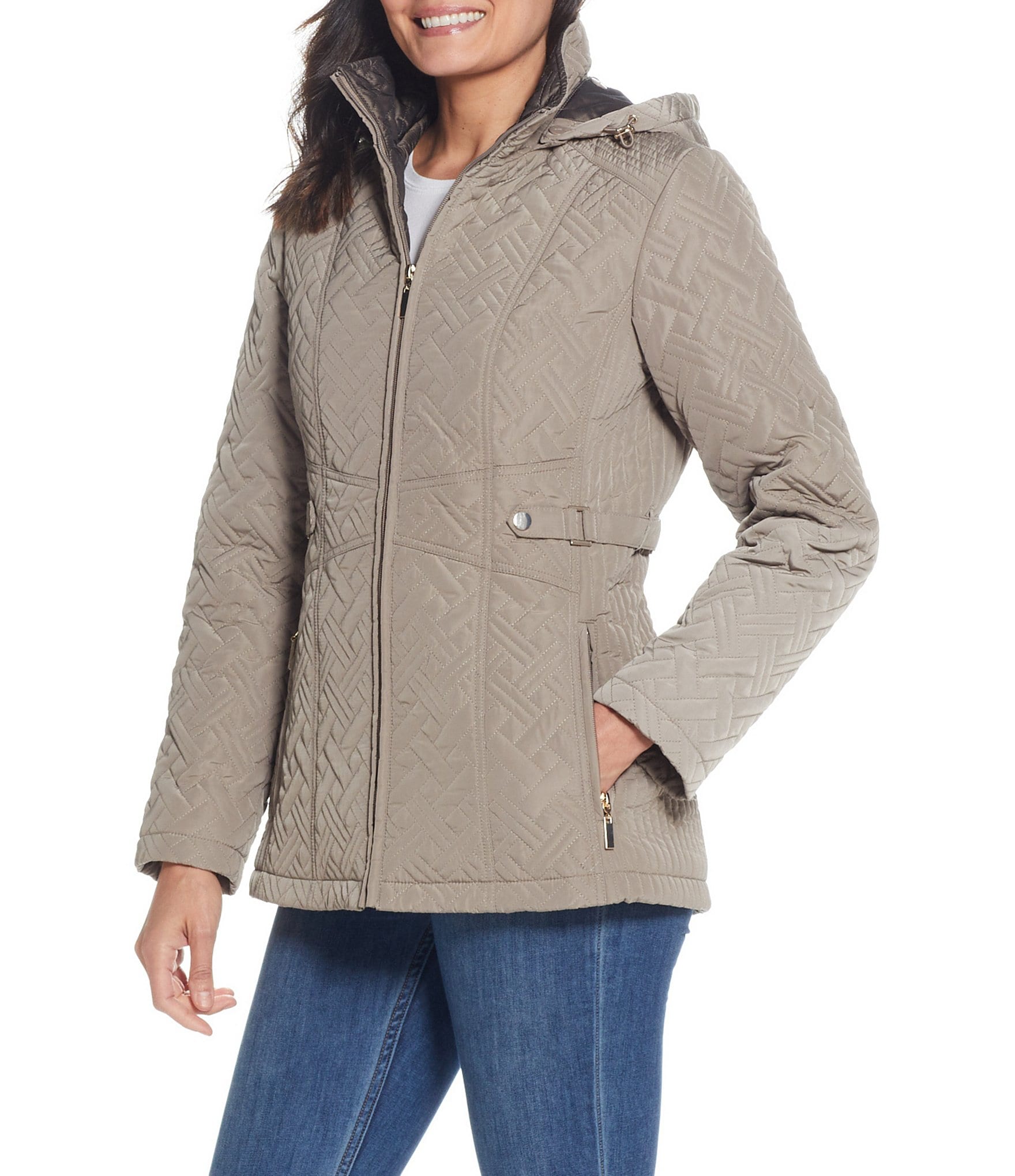 Gallery Diamond Quilted Water Resistant Hooded Zip Front Jacket