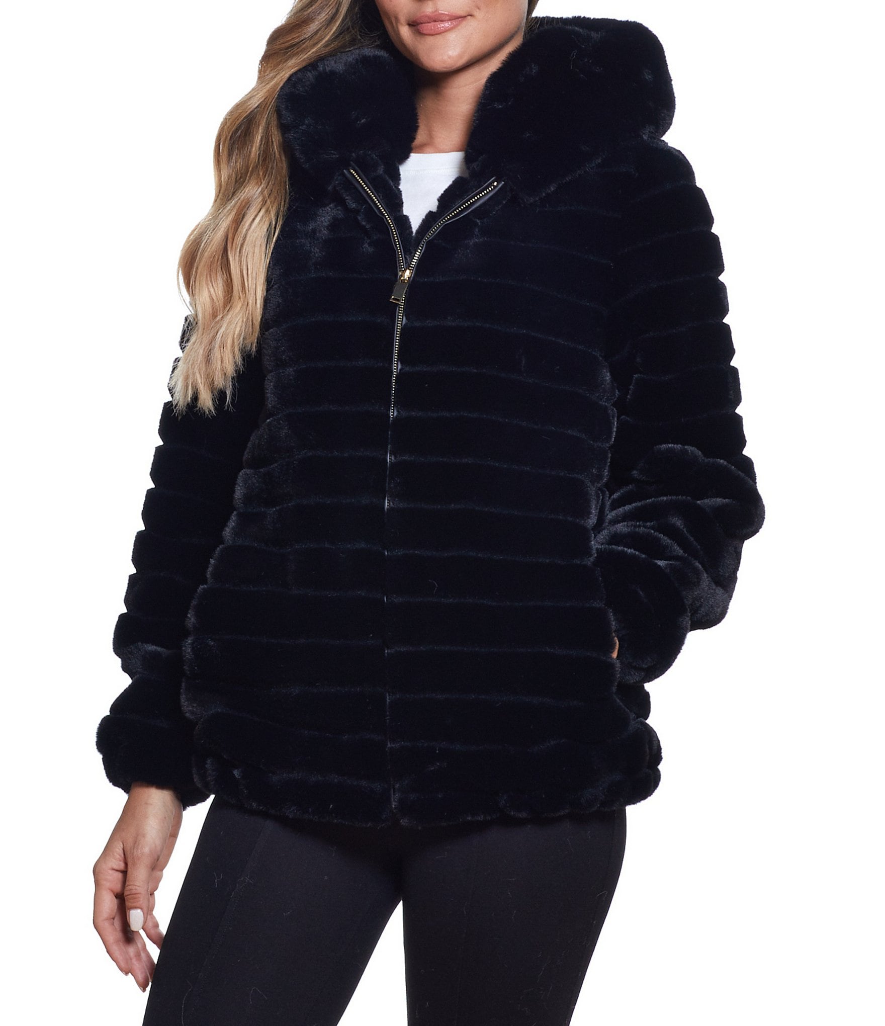 Gallery Faux Fur Stand Collar Long Sleeve Grooved Hooded Jacket