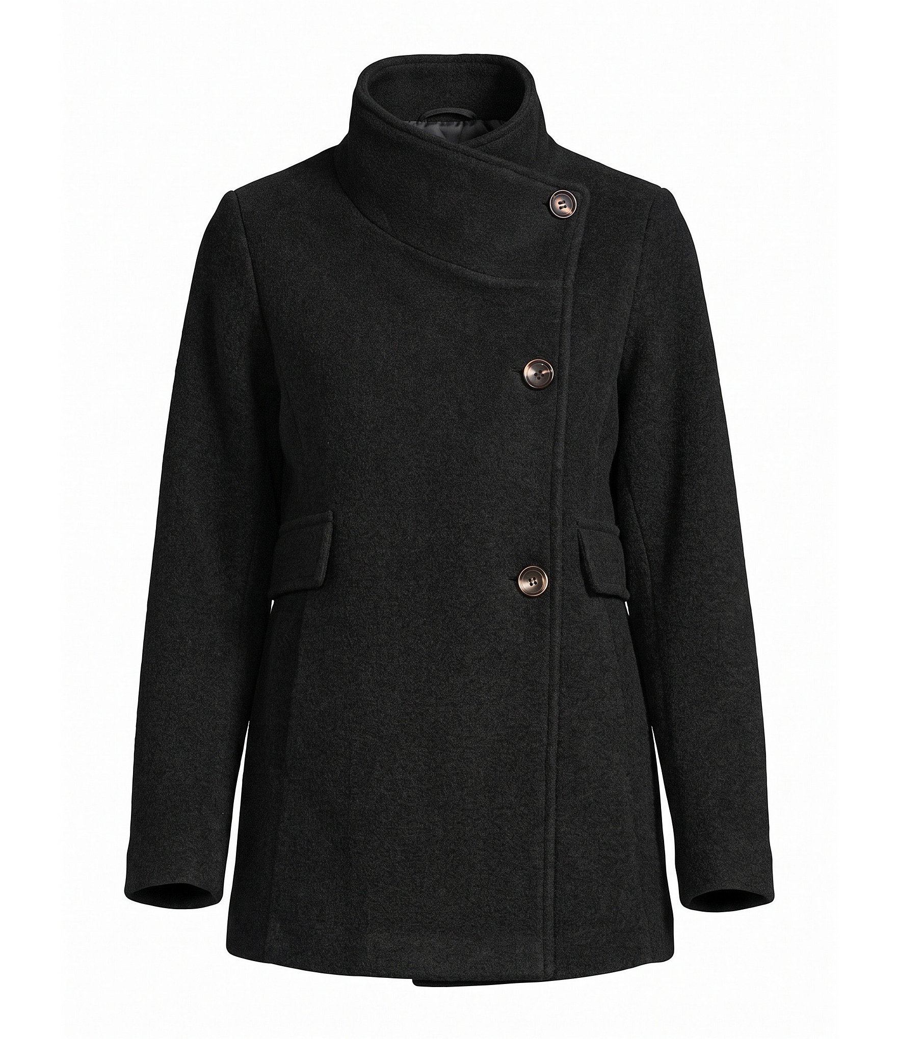 Gallery Ladies Woold Blend Wing Collar Water Resistant Asymmetrical Button Front Peacoat