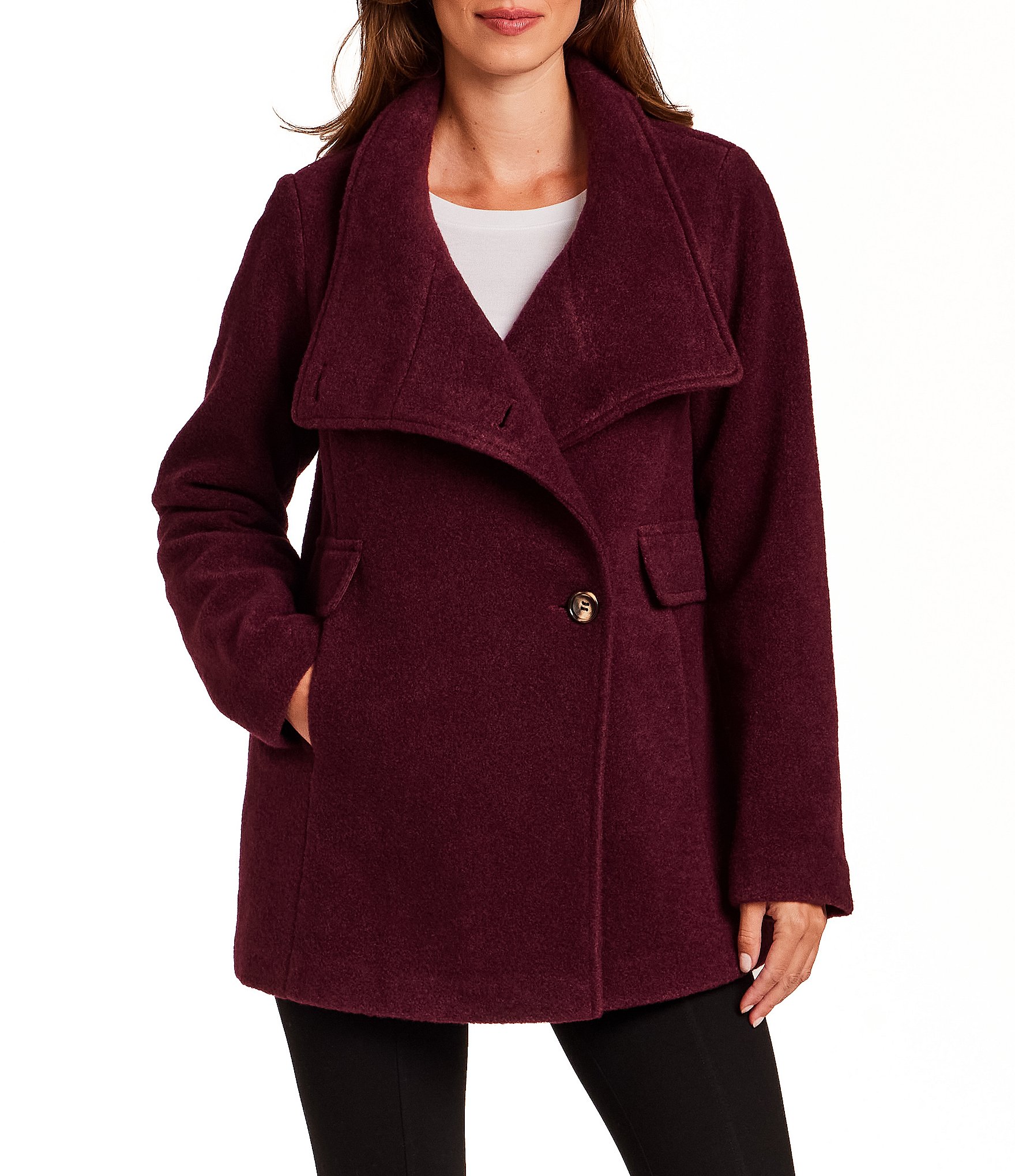 Gallery Ladies Woold Blend Wing Collar Water Resistant Asymmetrical Button Front Peacoat