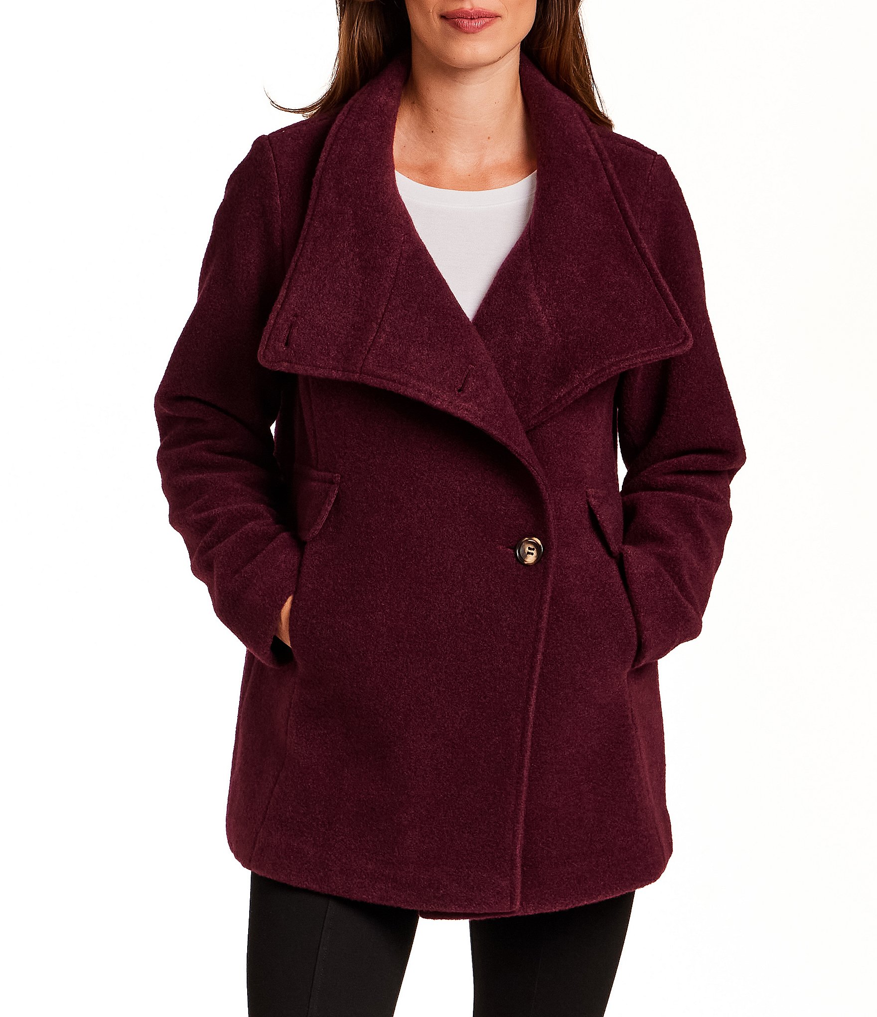 Gallery Ladies Woold Blend Wing Collar Water Resistant Asymmetrical Button Front Peacoat