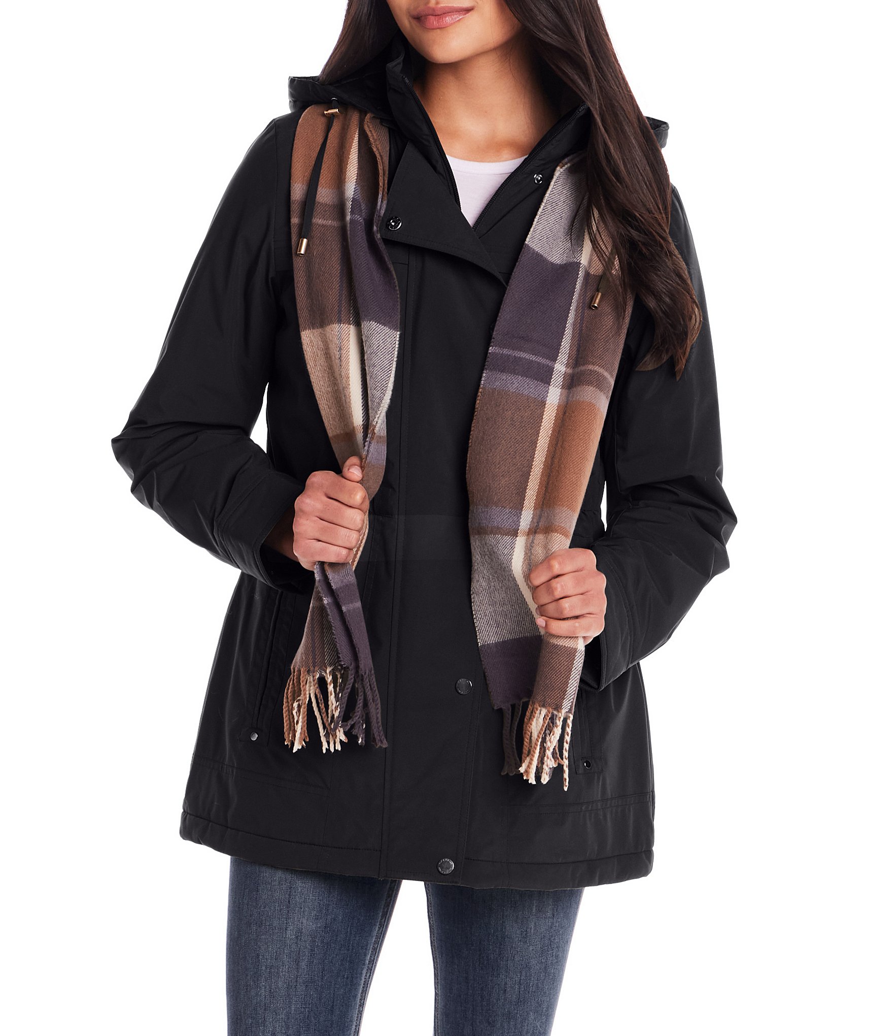 Gallery Removable Hood Stand Collar Scarf Polyfill Snap Front Anorak Jacket