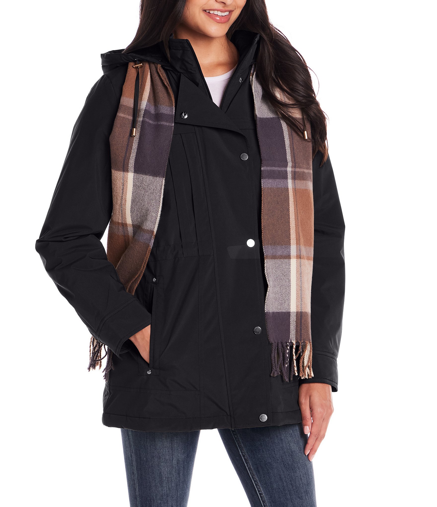 Gallery Removable Hood Stand Collar Scarf Polyfill Snap Front Anorak Jacket