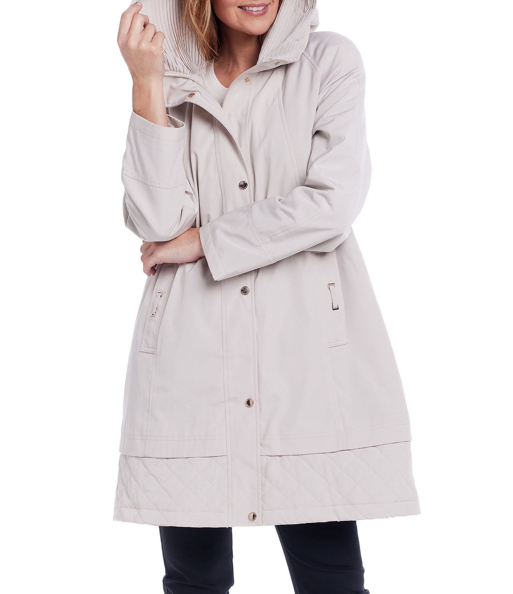 Gallery Solid Accordion Collar Snap Front A-Line Rain Jacket