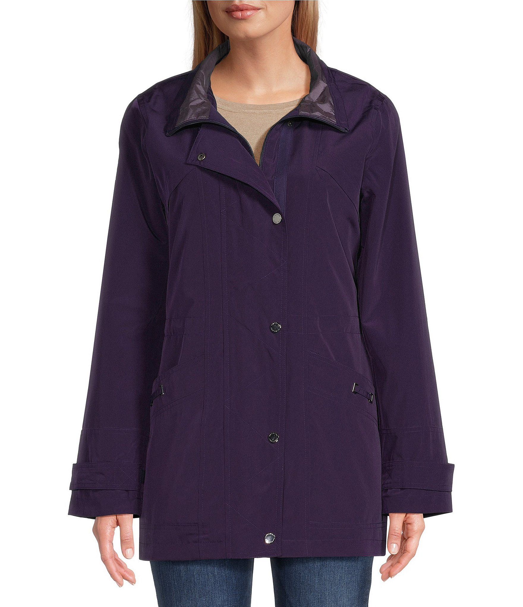 Gallery Solid Notch Collar Internal Drawcord Snap Front A-line Rain Jacket