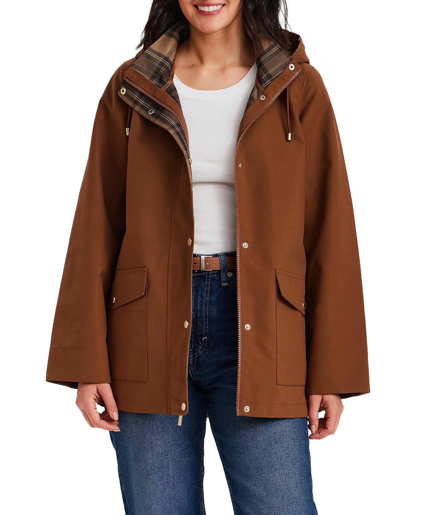 Gallery Stand Collar Back Slit Hem Snap Front A-Line Rain Jacket