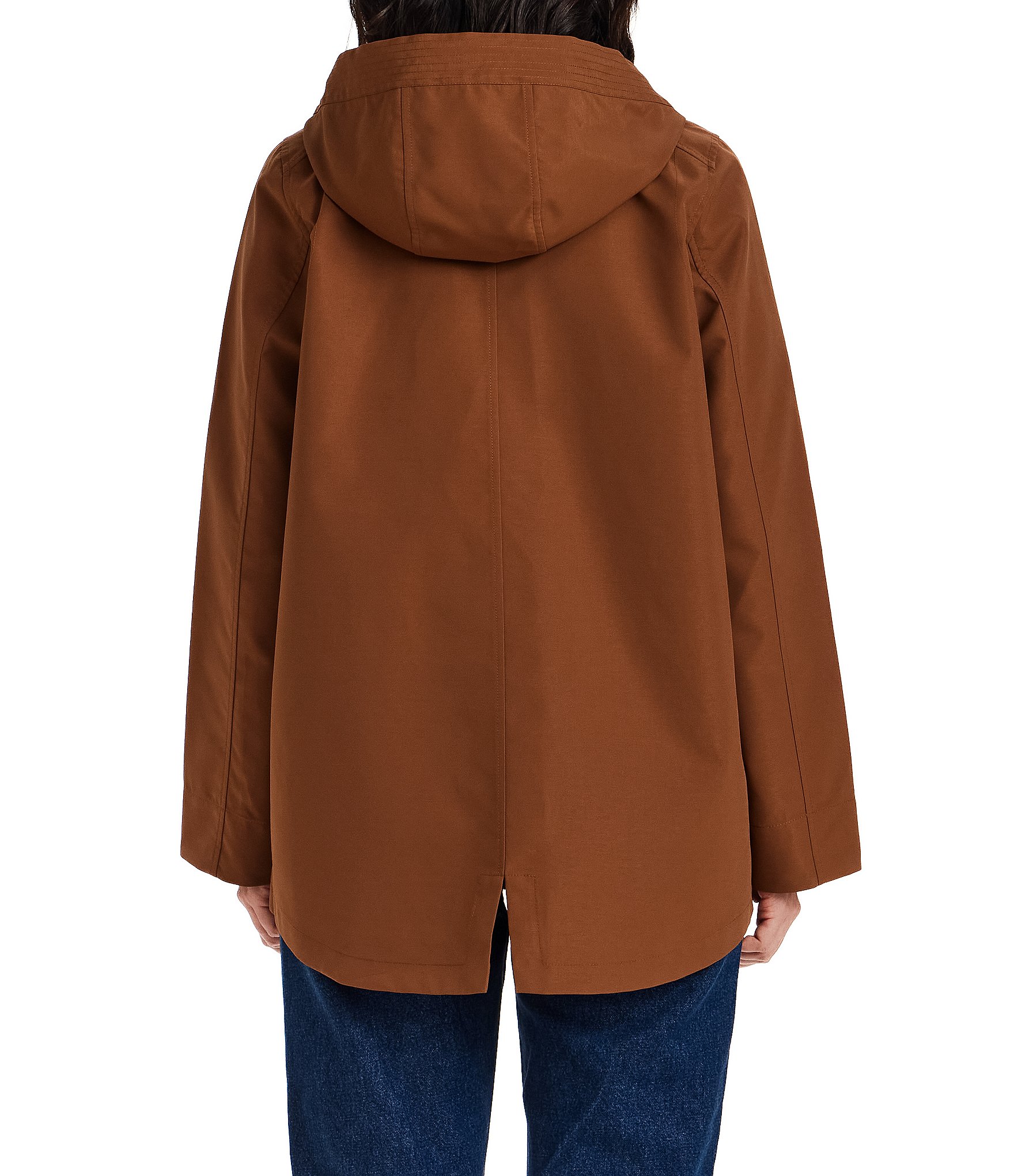 Gallery Stand Collar Back Slit Hem Snap Front A-Line Rain Jacket