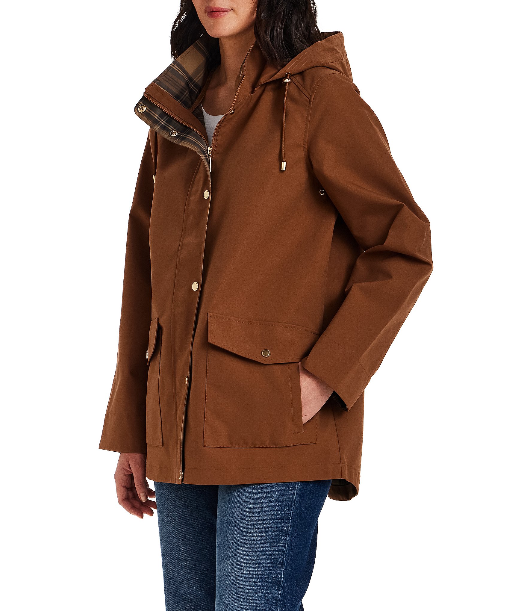 Gallery Stand Collar Back Slit Hem Snap Front A-Line Rain Jacket