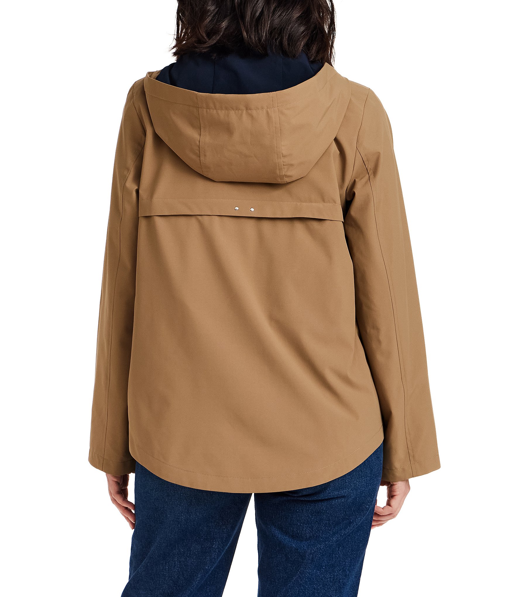 Gallery Stand Collar Drawcord Hooded Packable Zip Front Rain Jacket
